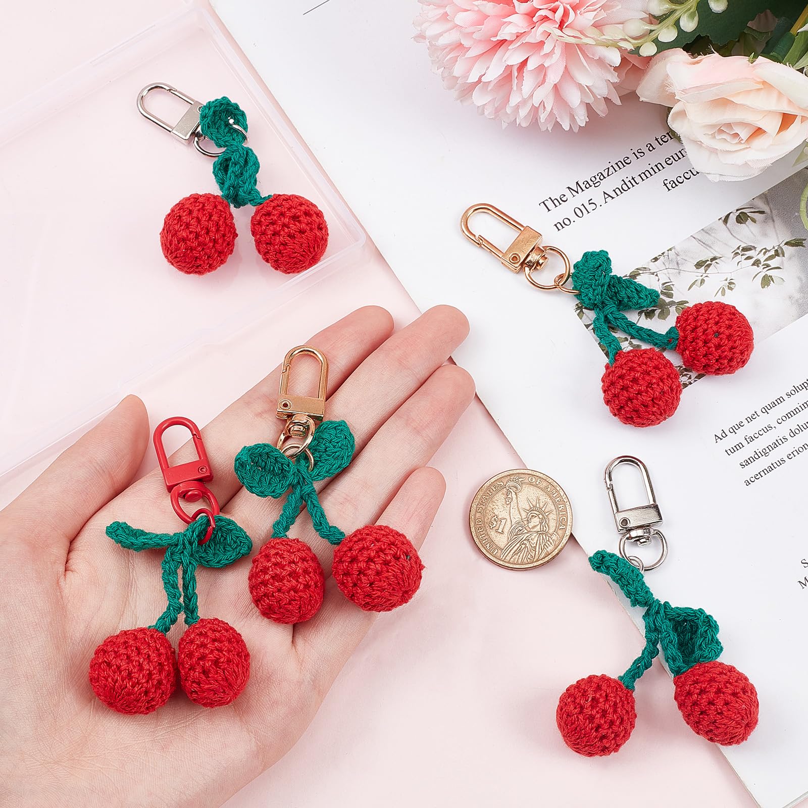 CRASPIRE 6Pcs Crochet Cherry Keychains Wool Knitting Plush Key