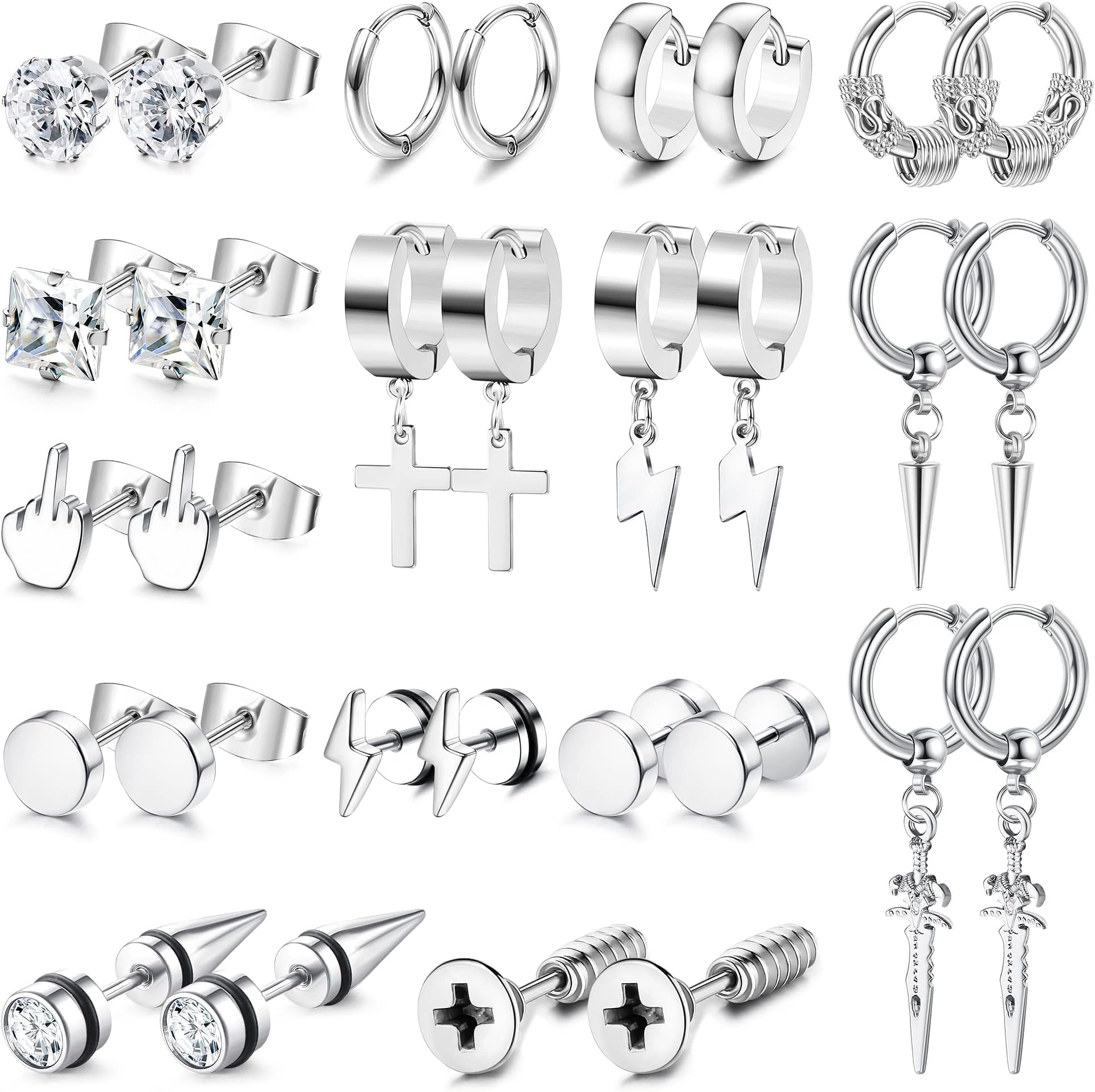 Kakonia Mens Earrings Set, Stainless Steel Hoop Stud Huggie Earrings for Men, Silver Black Cross Spike Dagger Lightning Bolt Drop Dangle Piercing Earrings