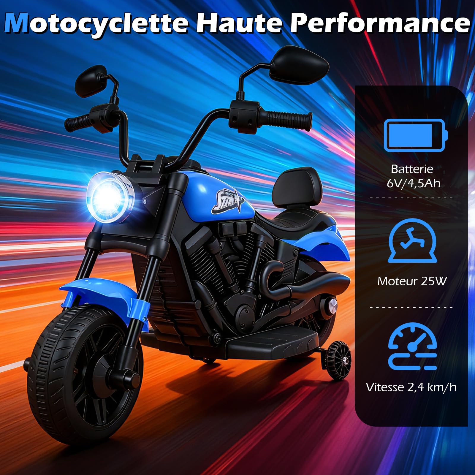 COSTWAY 6V Moto Électrique Enfant avec Musique et Phares LED, Voiture Électrique Enfant avec 2 Roues d'Entraînement Amovibles et Pédale, 2,4 km/h, Charge 30 kg pour 3 Ans+ (Bleu Marine)
