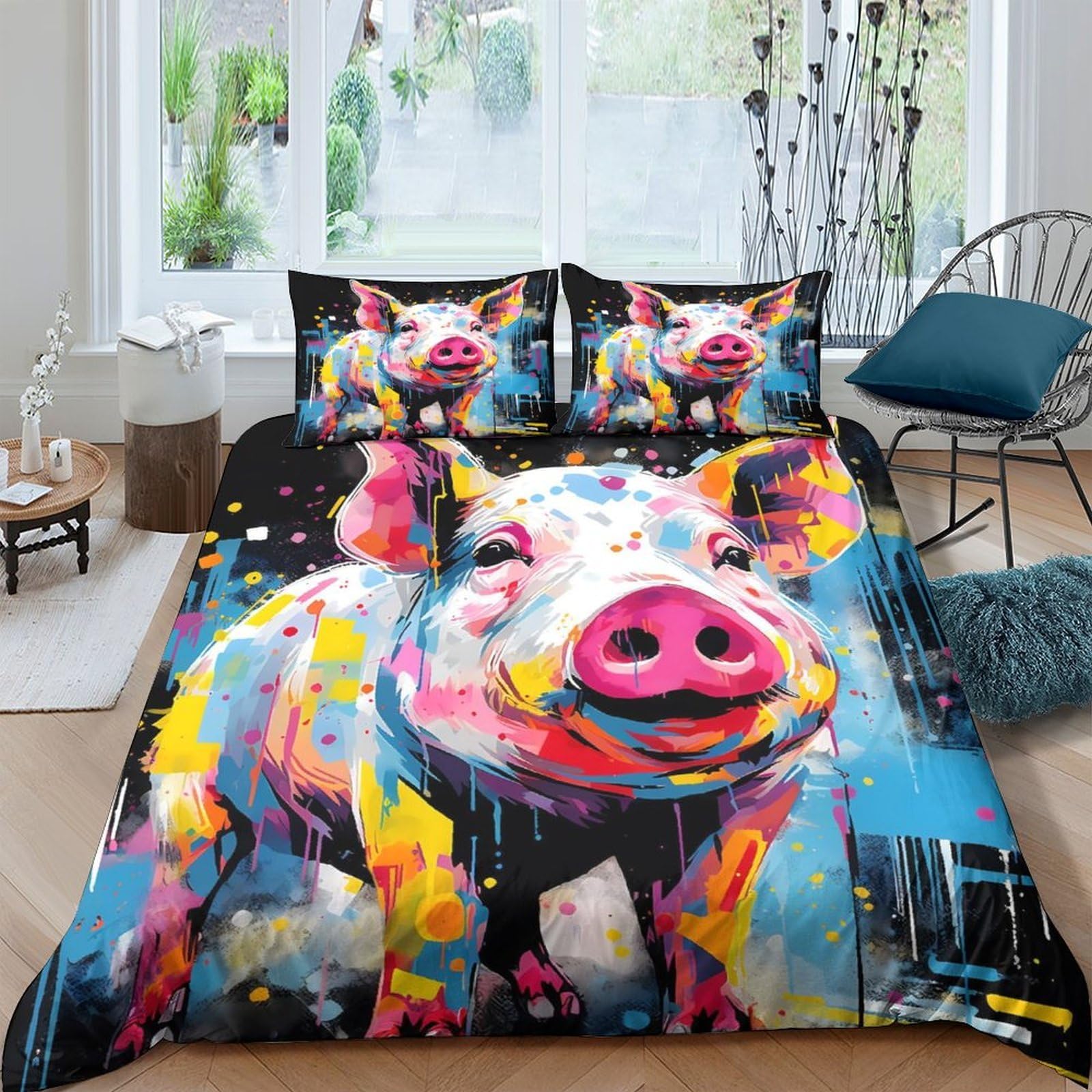 Ctjqhvkz Style-3 3D Printed Colorful Pig Fitted Sheet Microfiber Soft Artistic Farm Animal Bed Cover For Bedroom Guest Room Mattress Decor Single（135X200cm）