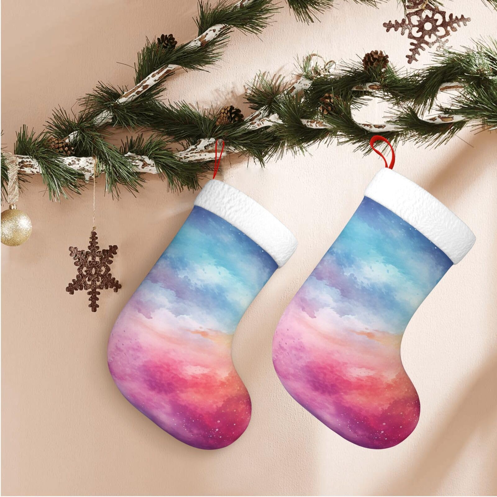 17.7" Christmas Stocking 1 Piece, Watercolor Background Xmas Stockings with White Plush Cuff Fireplace Hanging Stocking for Christmas Holiday Party Decoration