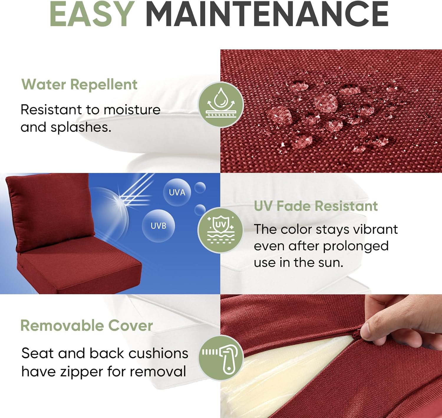 Outdoor Chair Cushions Set of 3, Waterproof 24x24 Patio Chair Cushion, 6" Thickened Seat Cushion for Outdoor Furniture, Couch Cushion Replacement, Include 3 Back & 3 Seat Cushions, Thick/Red