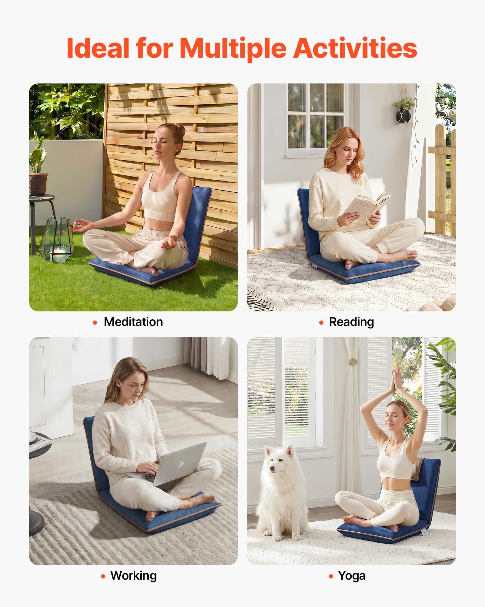 VEVOR Bodenstuhl, 6-Positionen Verstellbarer, Bodensessel mit Rückenlehne, Relaxsessel mit Metallgestell, Schaumstoff & Velourslederbezug, Bodensitz zum Lesen & Entspannen, Dunkelblau