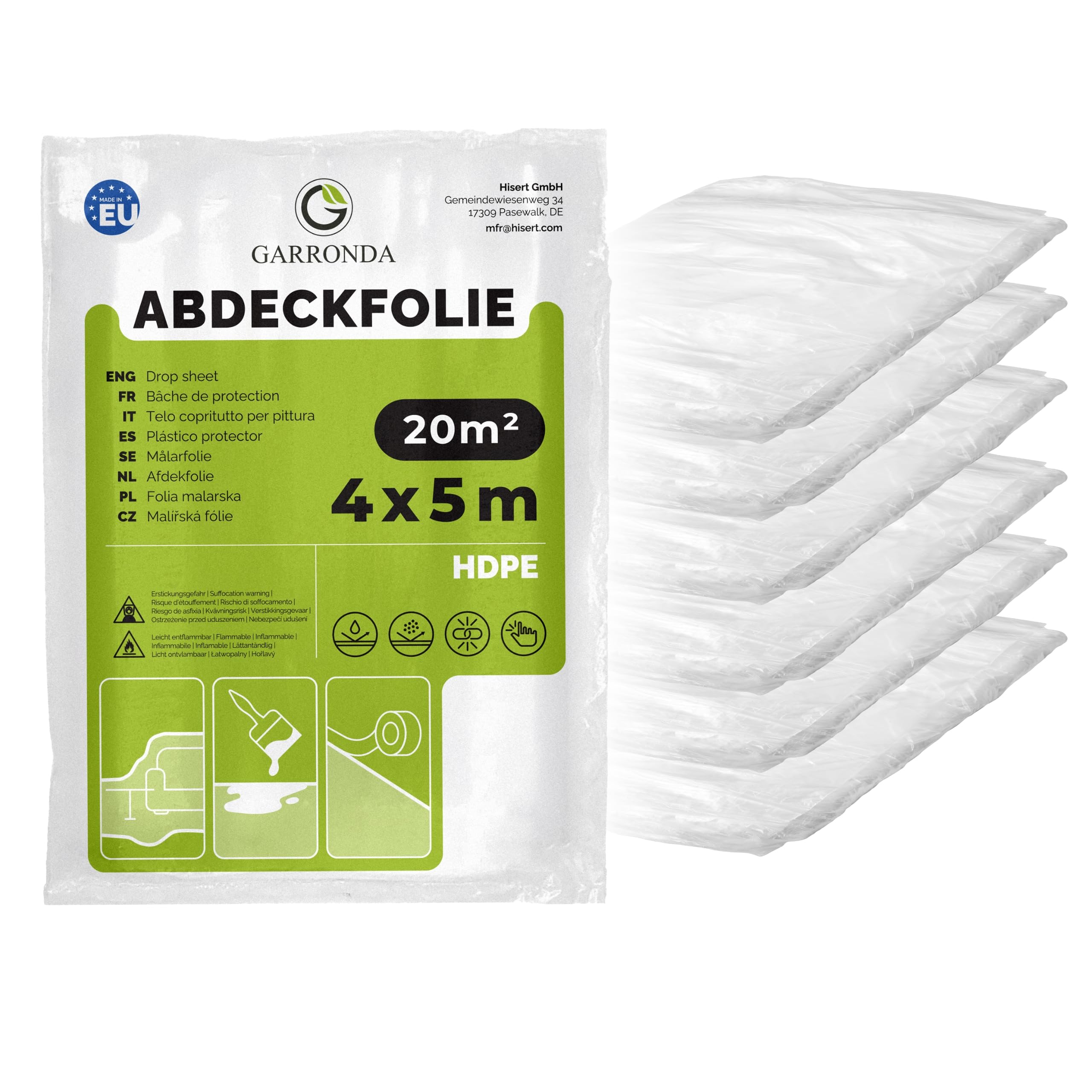 Garronda Abdeckfolie 4x5 m 6er Pack transparent HDPE Malerfolie für Renovierung Staubschutzfolie Umzug Abdeckplane Baufolie für Möbel- & Bodenschutz Folie reißfest GD-0166