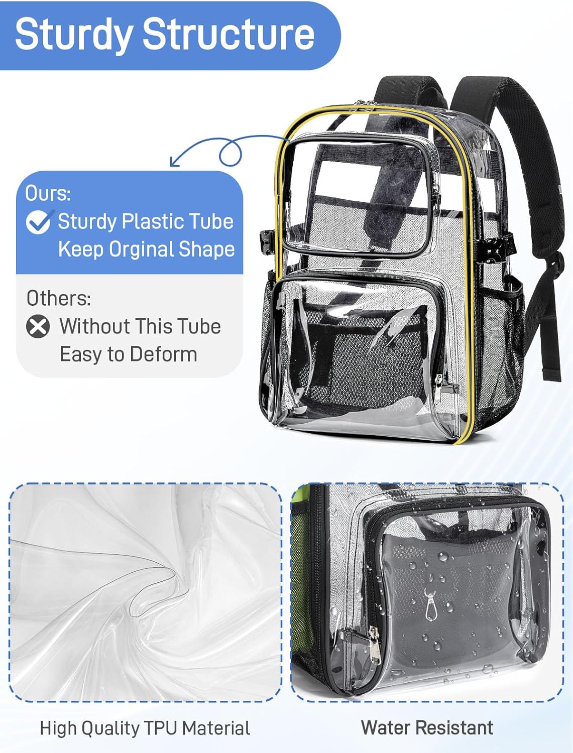 Clear Backpack Heavy Duty for Women Men Boys Girls, Transparent See Through Backpack, Large TPU Bookbag with 360° Reflective Strips for Sport College Work Travel Security, Black
