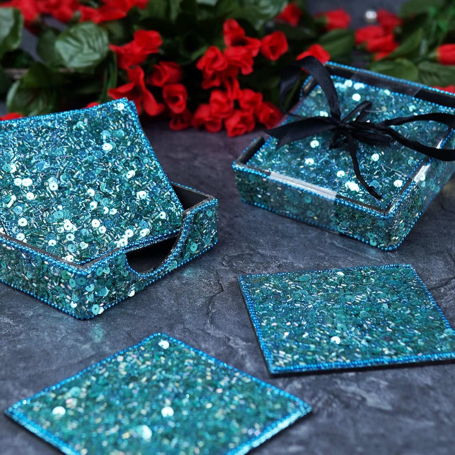 CASADECOR Set of 4 Beaded MDF Blue Glitter Ocean Set Handcrafted Coasters Home Kitchen for Tea & Coffee Table Décor Size 4 x 4 Inches