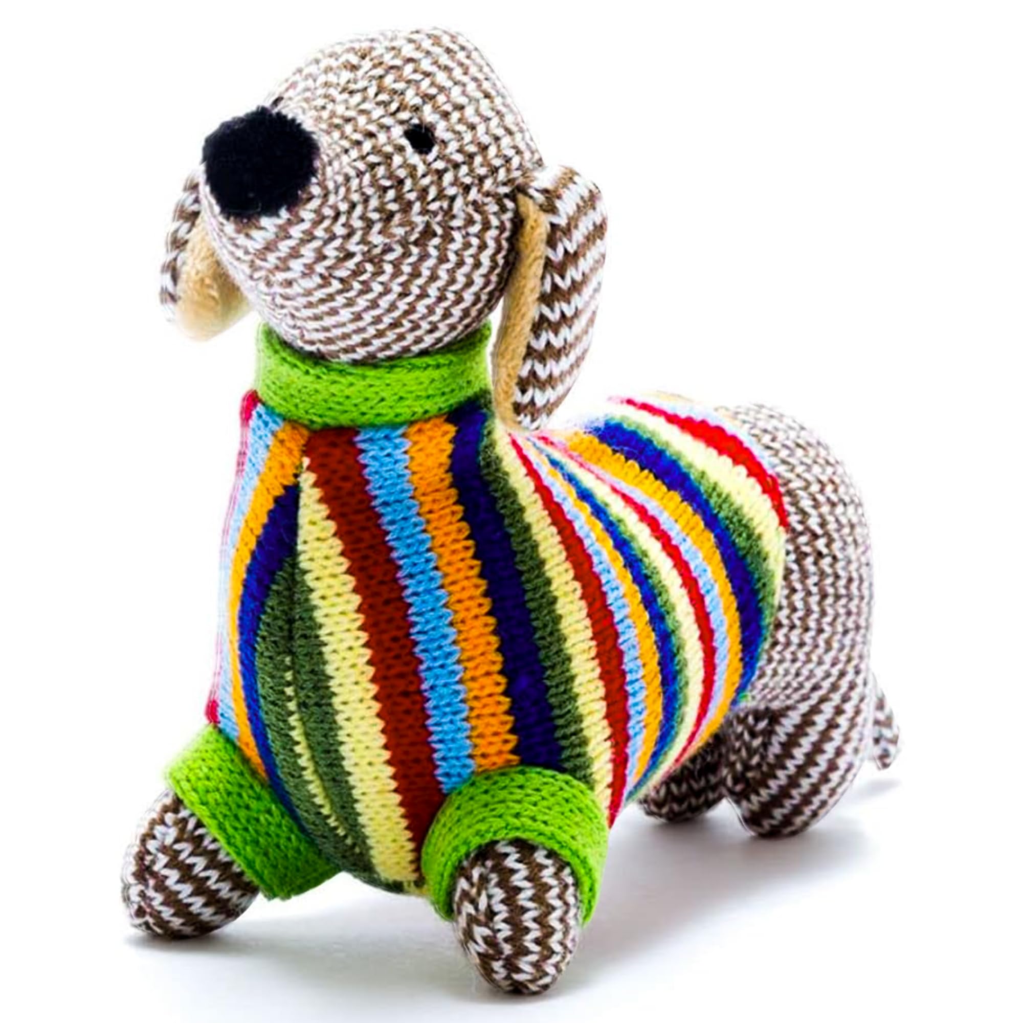 Best Years | Knitted Sausage Dog Teddy Baby Rattle with Stripe Jumper | Newborn Soft Toys | Baby Safe from Birth | Machine Washable | 14cm x 6cm x 16cm | Ethically Sourced