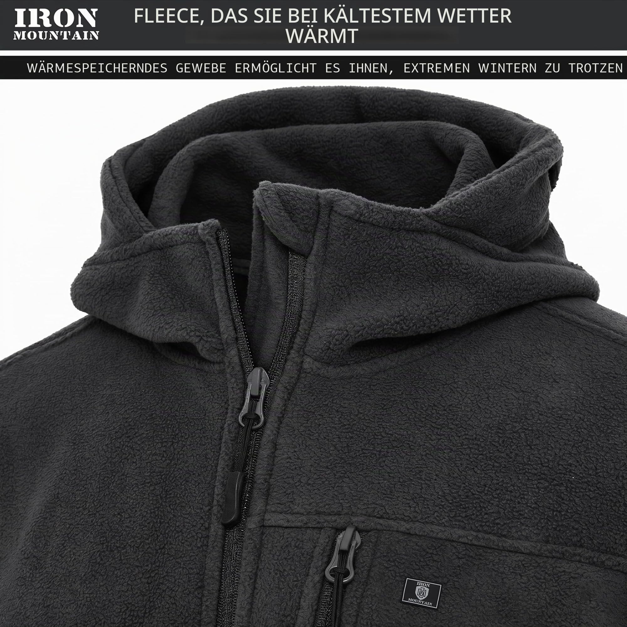 Iron Mountain Herren Fleece Hoodie mit Reißverschluss – Technischer Kapuzenpullover Winddicht, Thermo Workwear Jacke mit Mehreren Taschen, Outdoor Sweatshirt Winter