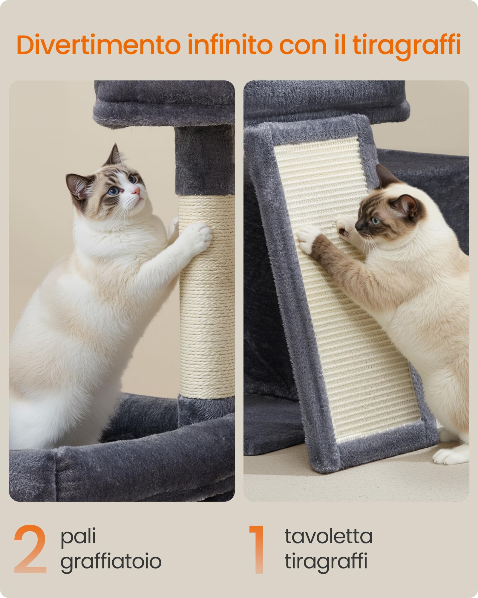 Feandrea Albero per Gatti con 2 Letti Grandi, Tiragraffi con Pali e Rampa Graffiatoio, Alto 85,8 cm, Grigio Scuro PCT013GS01