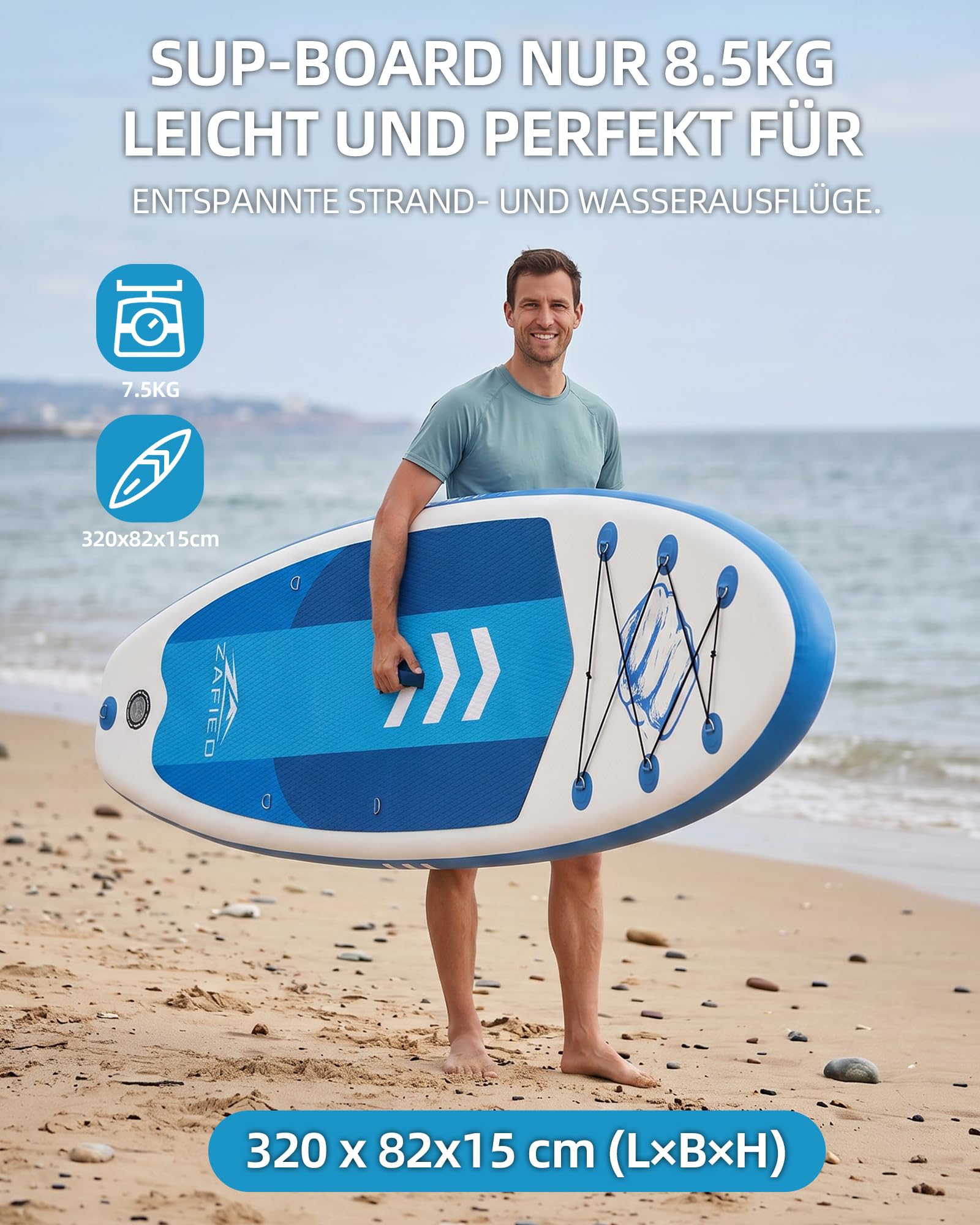 Stand Up Paddling Board, Aufblasbares SUP Board 320×82×15cm Breites Stabiles Design Paddle Board bis 200KG mit Komplettes Zubehör für Erwachsene & Einsteiger