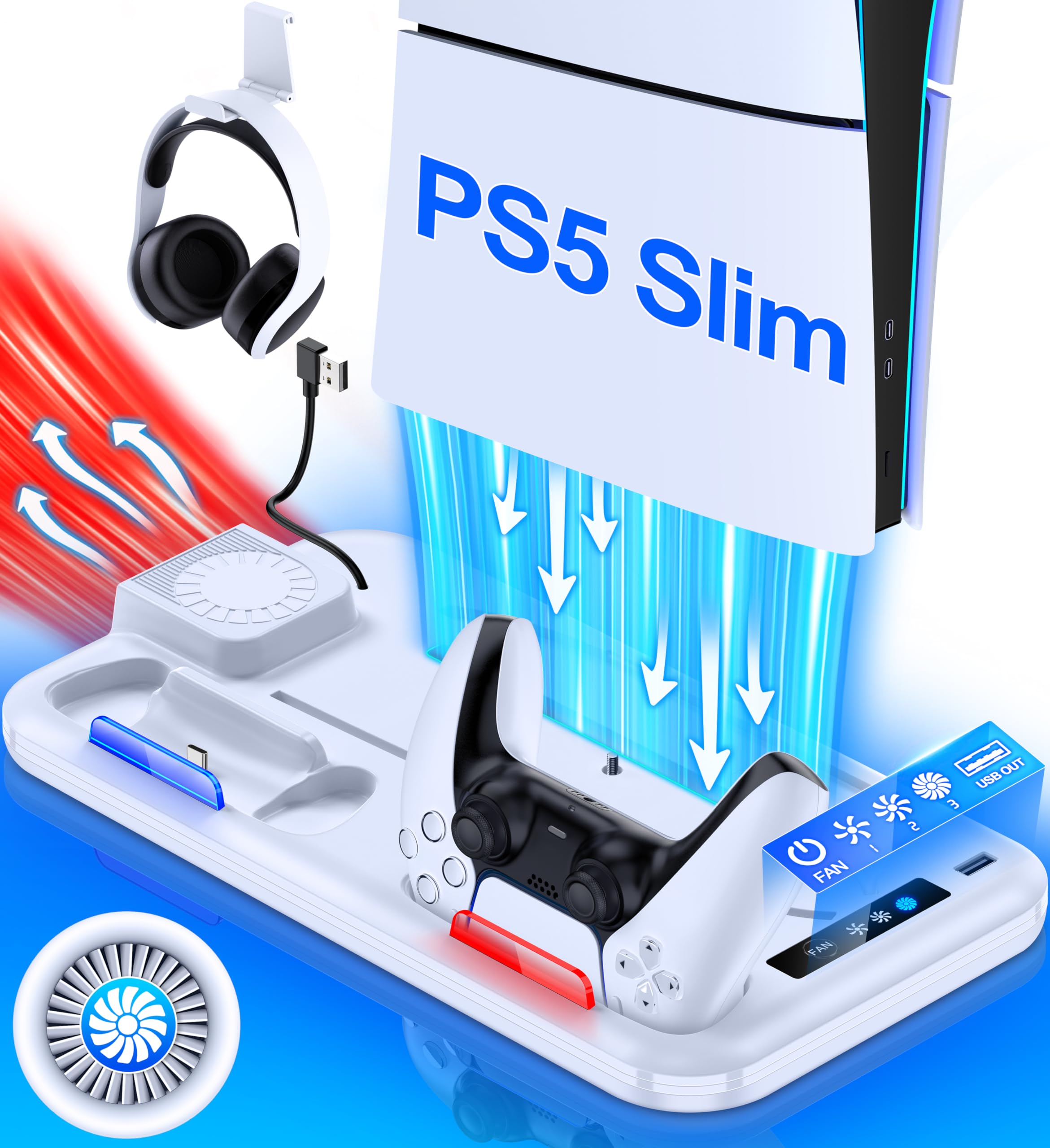 PS5 Slim Stand and Cooling Station with Dual Controller Charging Station for Playsation 5 Slim Disc/Slim Digital Console,PS5 Slim Accessories with 3 Levels Cooling Fan & Headset Holder