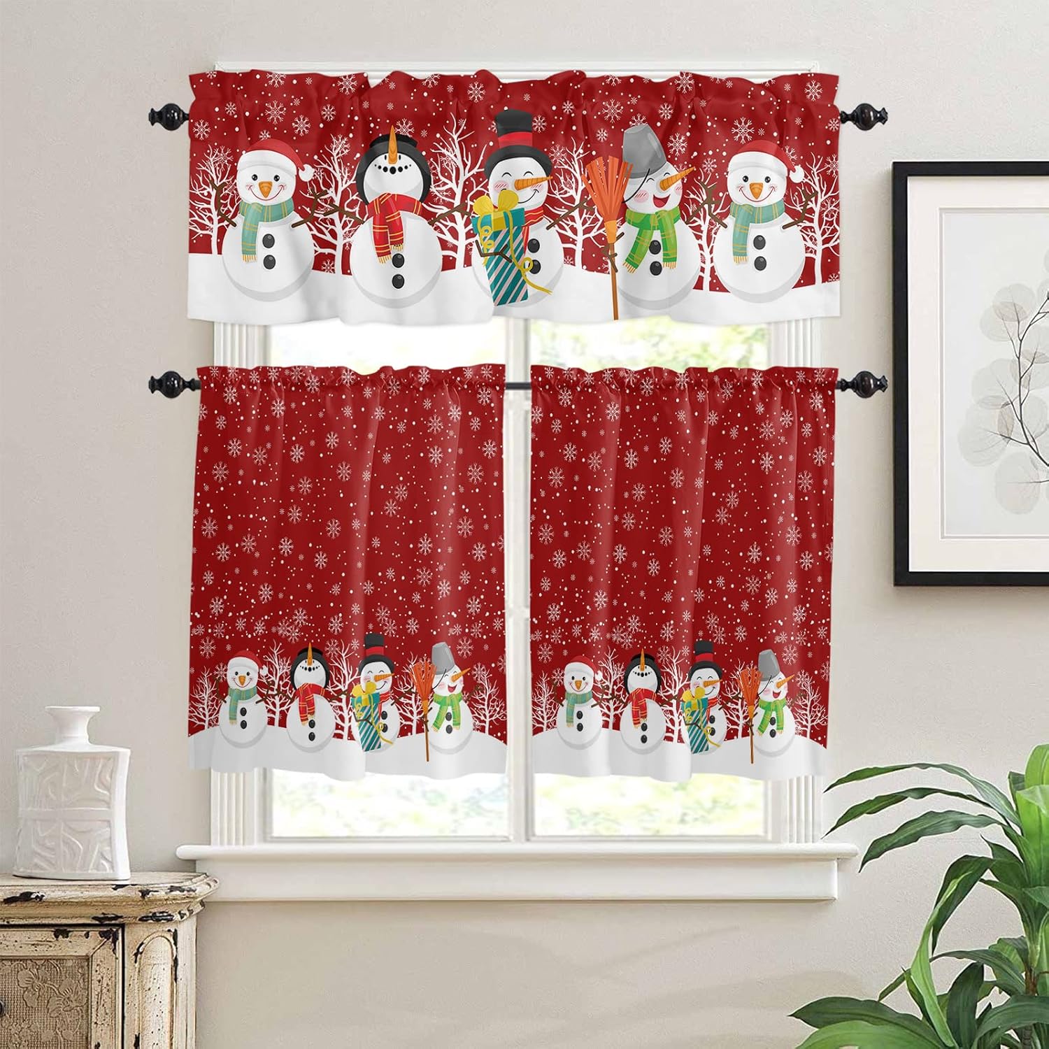 3 Pieces Kitchen Valance Window Curtain Set Xmas Snowman