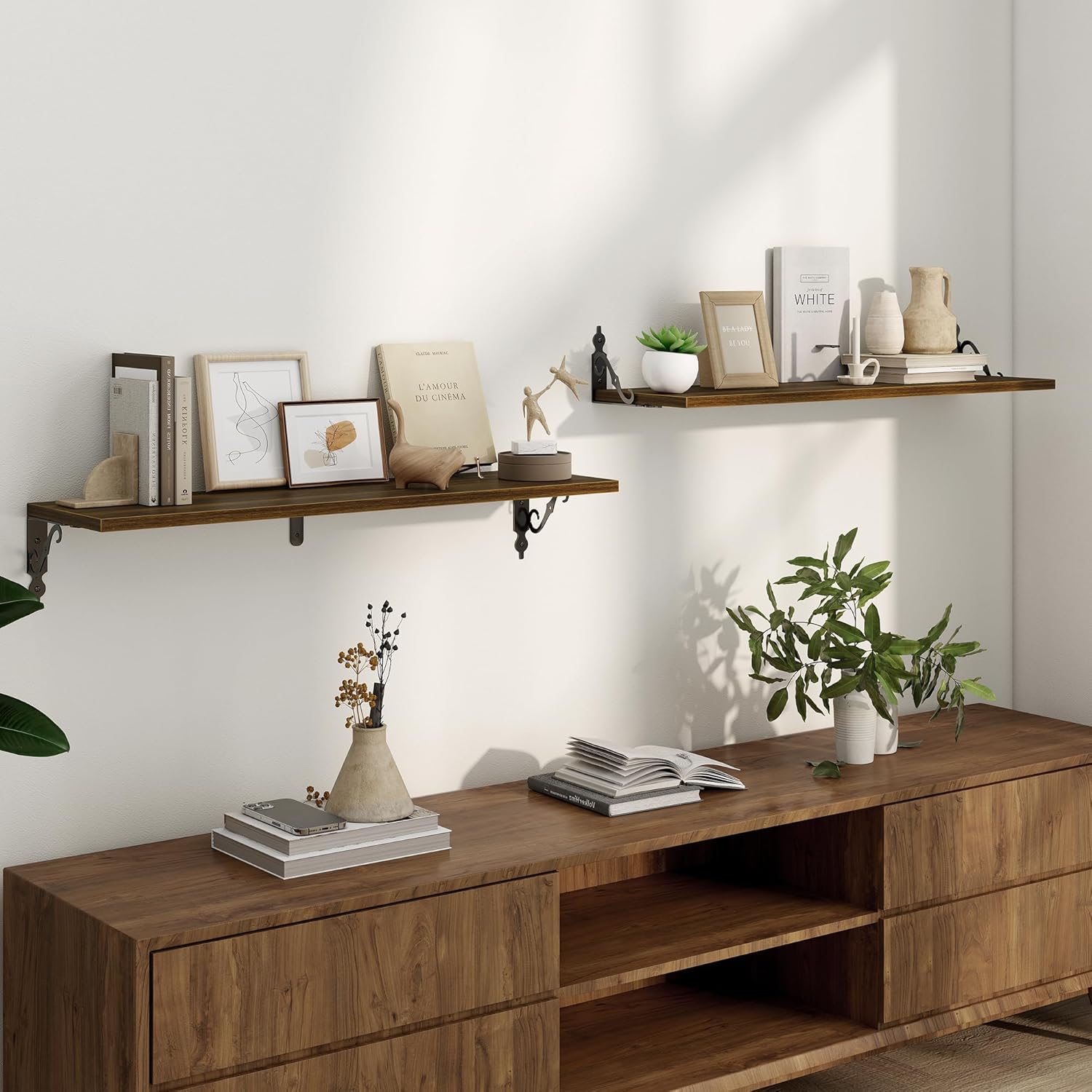 deep floating shelves for wall, 32"w x 8"d wall shelves, 8 inch deep floating shelf with bracket, 32 inch floating shelves set of 2, rustic shelves for living room, bathroom and kitchen, walnut 32"w x 8"d walnut color