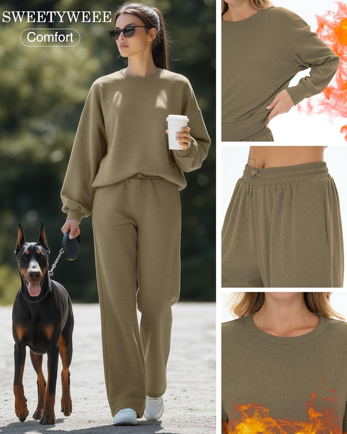 Women's 2 Piece Outfits Set Fleece Lined Lounge Sweatsuit Crewneck Pullover Top Wide Leg Pants Casual Tracksuit - Image 4