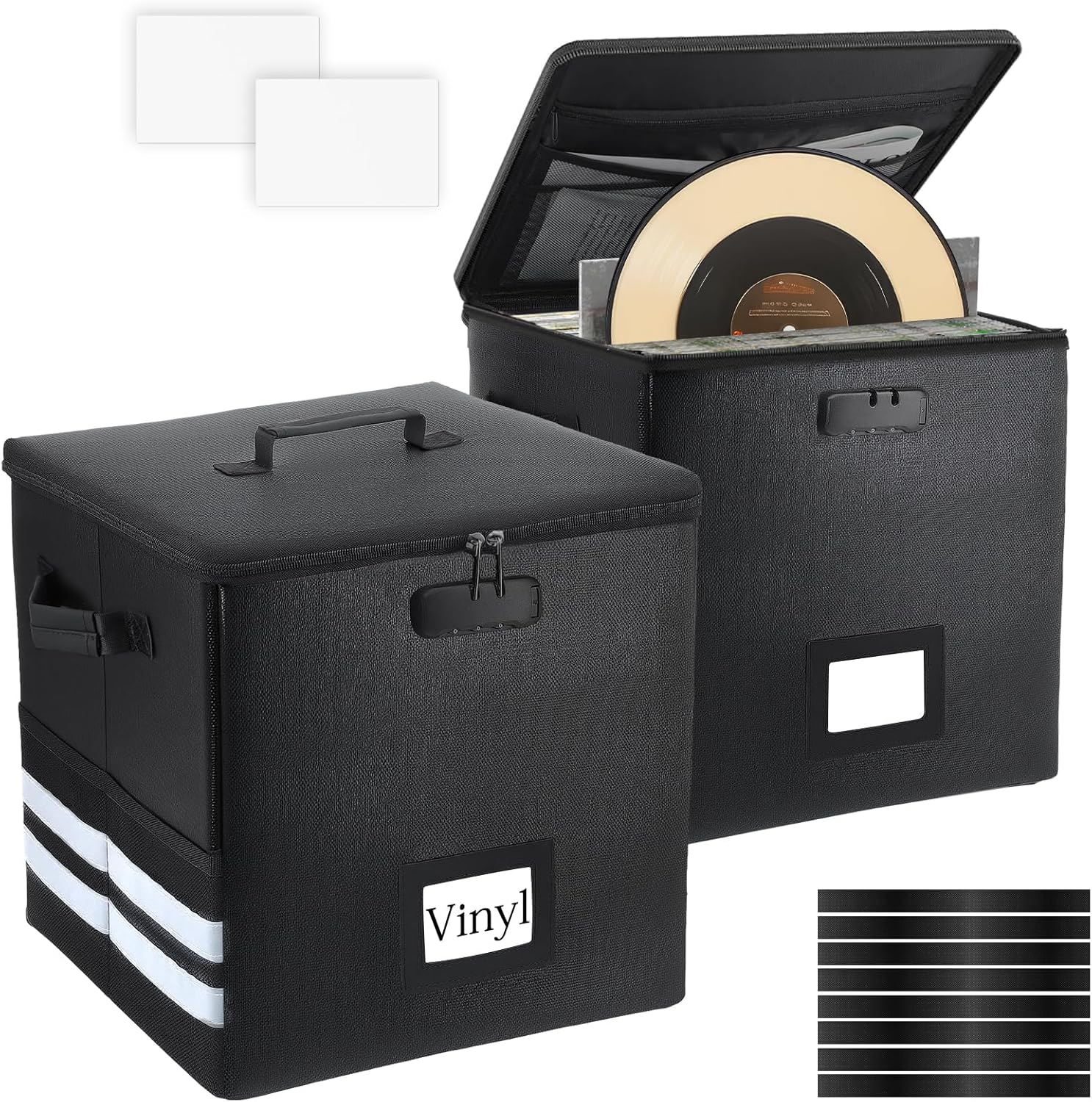 2 Pcs Vinyl Record Storage Box with Lock, Fireproof Water Resistant 13 Inch Record Organizer Storage Hold 100+ 12" Vinyl Albums Crate with Lid Handles Record Collection File Holder Box Collapsible