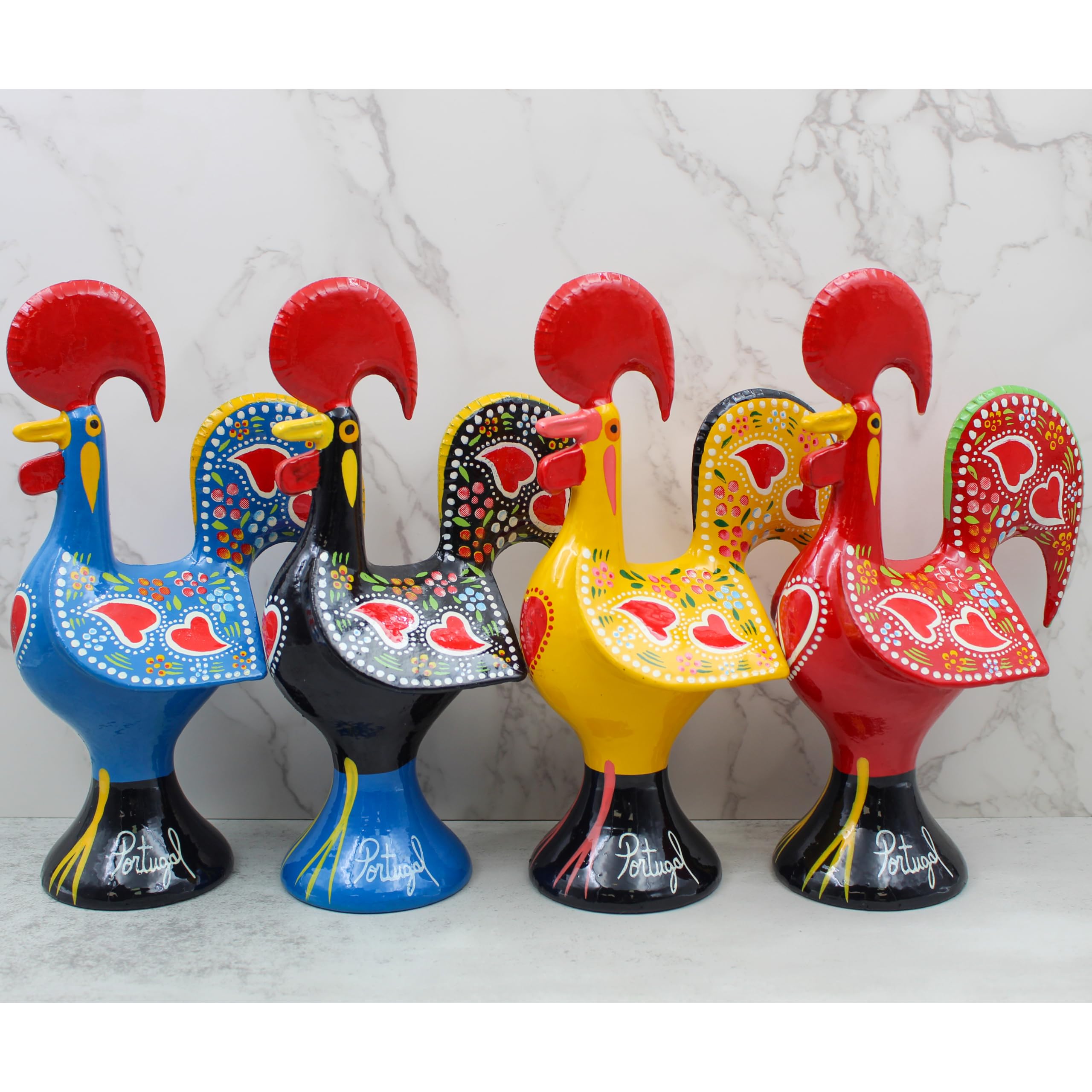 8.25" Traditional Hand-Painted Portuguese Good Luck Rooster Galo Barcelos Metal Figurine - Made in Portugal, Symbol of Good Luck & Prosperity - Collectible Souvenir (Blue)