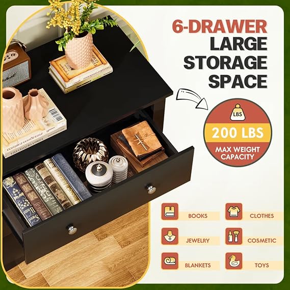 Homall Dresser for Bedroom, 6 Drawer Dresser, Wood Chest of Drawers, Storage Dressers Organizer, for Living Room, Hallway, Entryway (Black)
