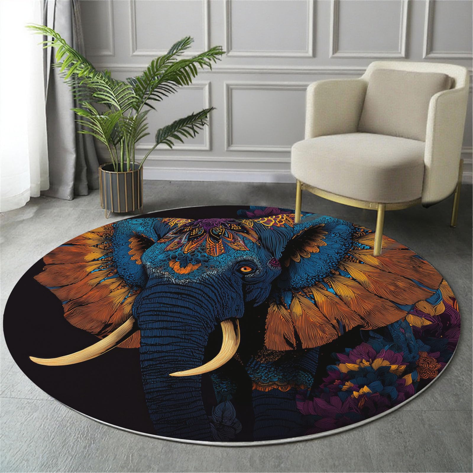 Tapis rond éléphant lavable pour éliminer les taches du quotidien