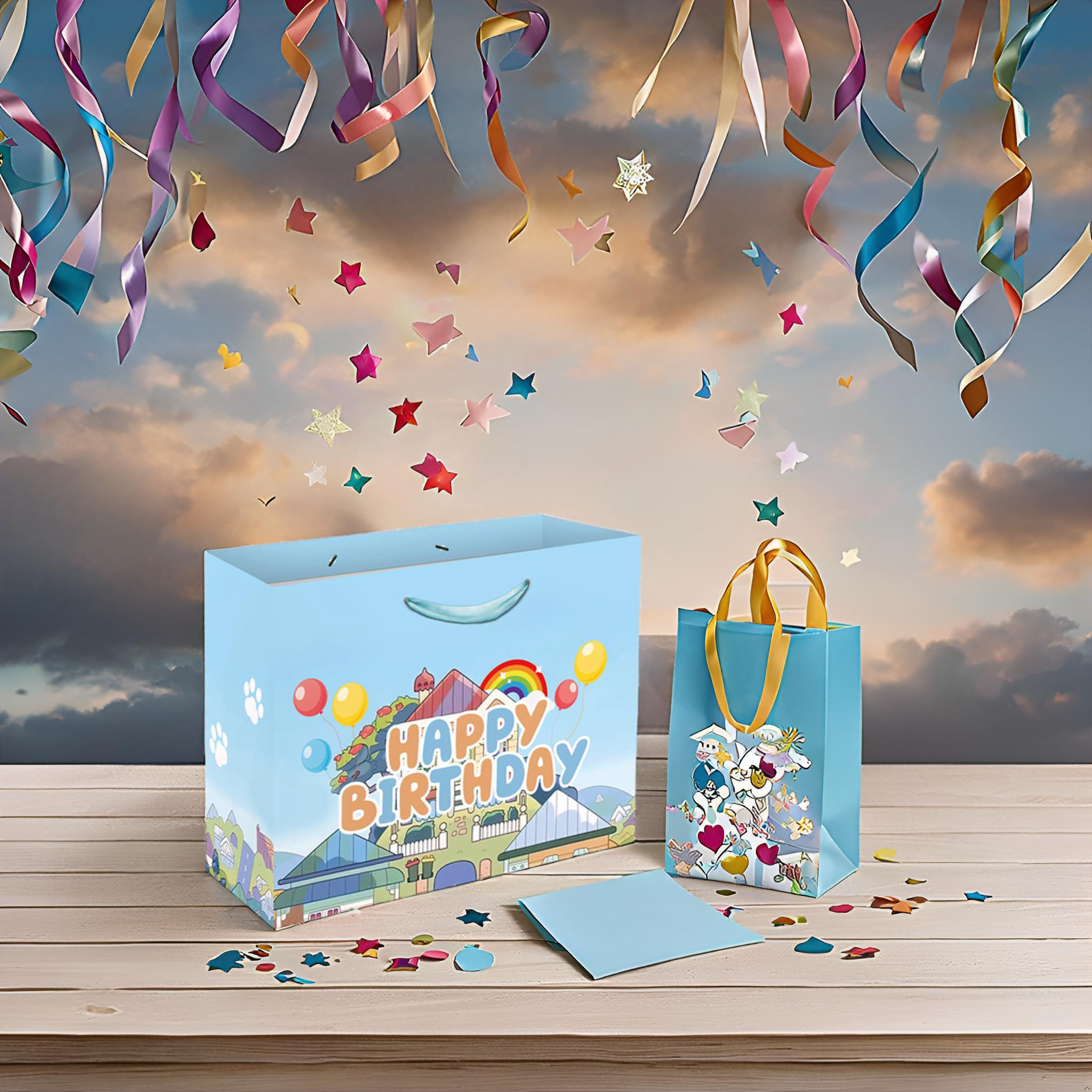 13" Large Cartoon Blue Dog House Party Supplies Gift Bag Set with Greeting Card and Tissue Papers, Blue Dog Theme Happy Birthday Gift Bags for Party Celebration Birthday Decorations