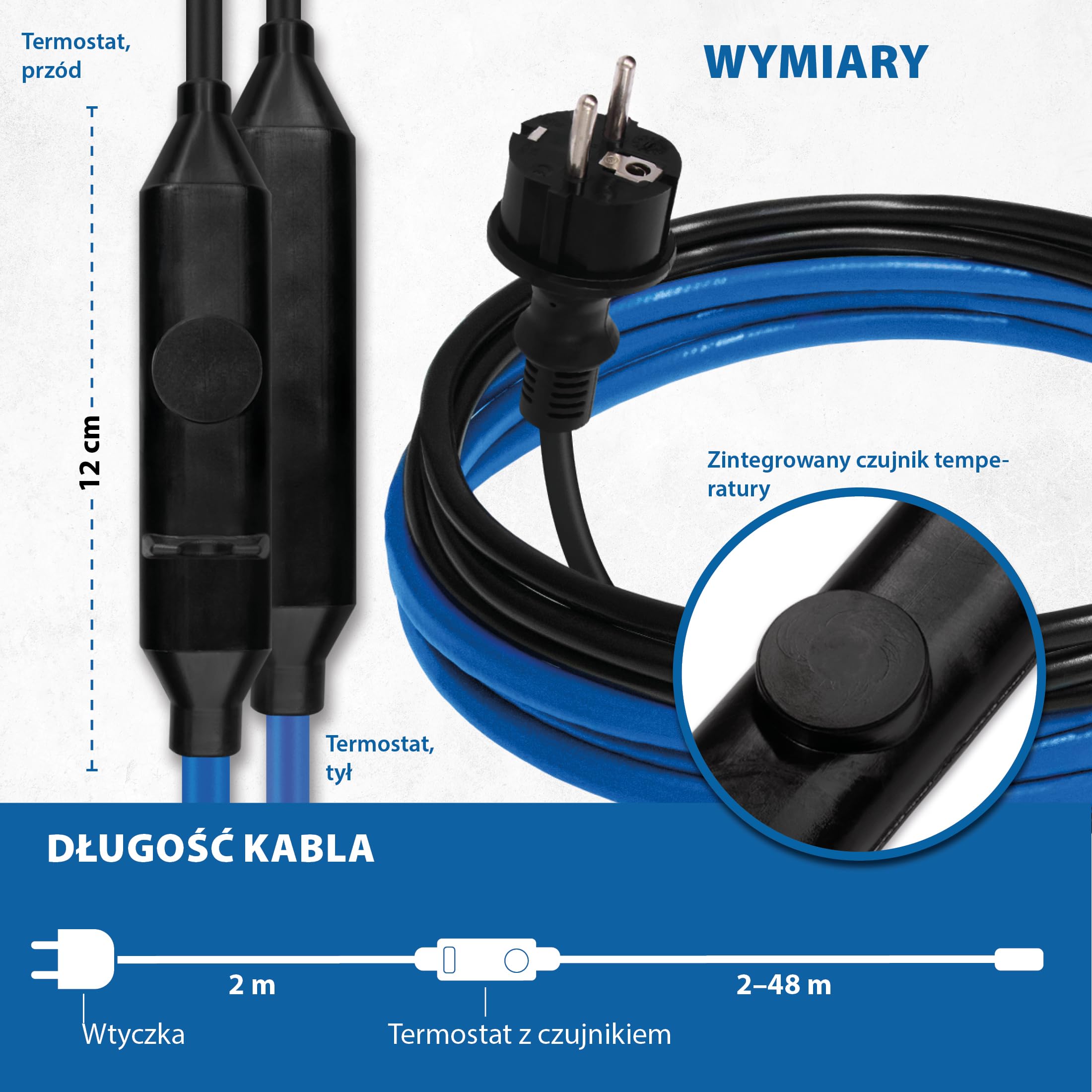 Kabel elektryczny przeciwzamrożeniowy 15 W/m – rury, przewody, zbiorniki – ogrzewanie towarzyszące, ogrzewanie odszraniające, kabel grzejny – długość 12 m z termostatem +5°C włączony / +15°C wyłączony