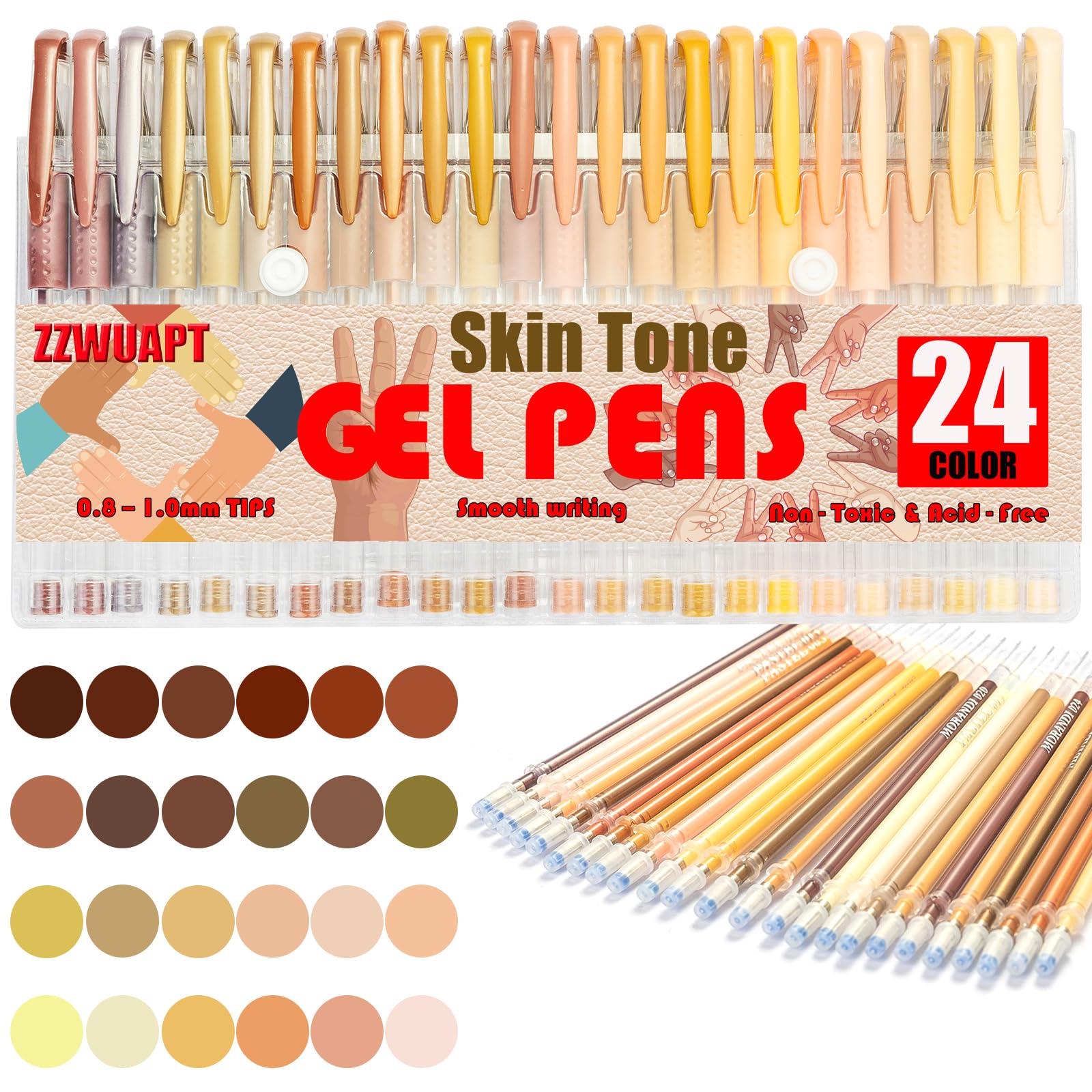 ZZWUAPT Skin Tone Gel Pens,72 Color Gel Pens Set including 24 Color Gel Pen with 48 Refills,40% More Ink Colored Gel Pens for Drawing, Doodling,