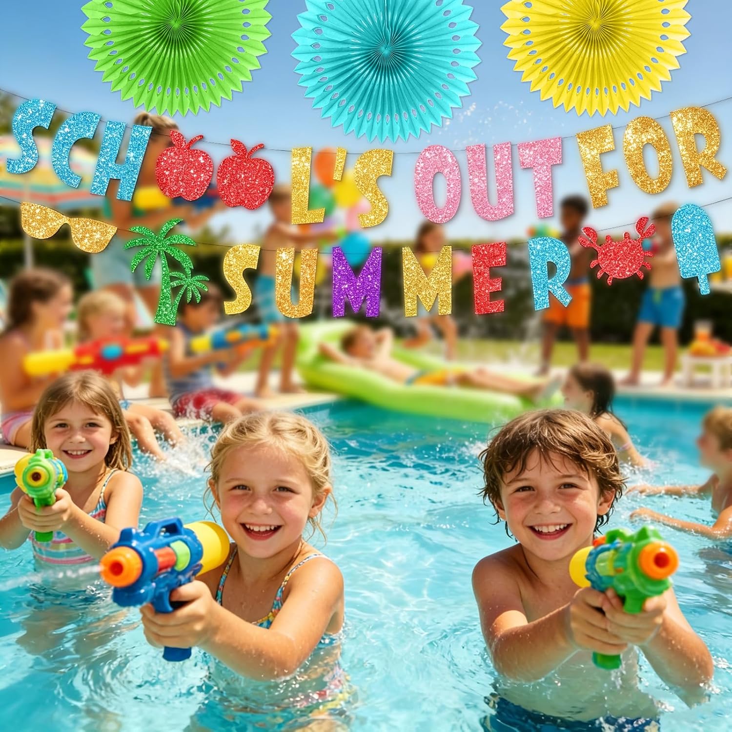 24Pcs Schools Out for Summer Decorations, Last Day of School Party Decorations Banner Paper Fans for Kid Celebrate End of School Year Party Decorations Pool Splash Bash Vacations Party Supplies