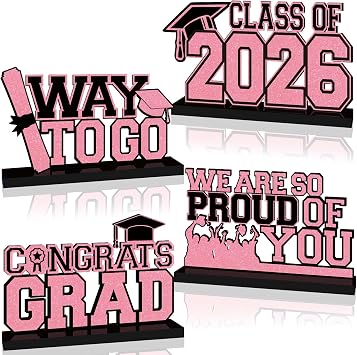 4Pcs 2026 Black and Pink Graduation Decorations Wooden Centerpieces for Tables Class of 2026 Graduation Table Decorations Way To Go Tiered Tray Decor for Congrats Grad Party Supplies