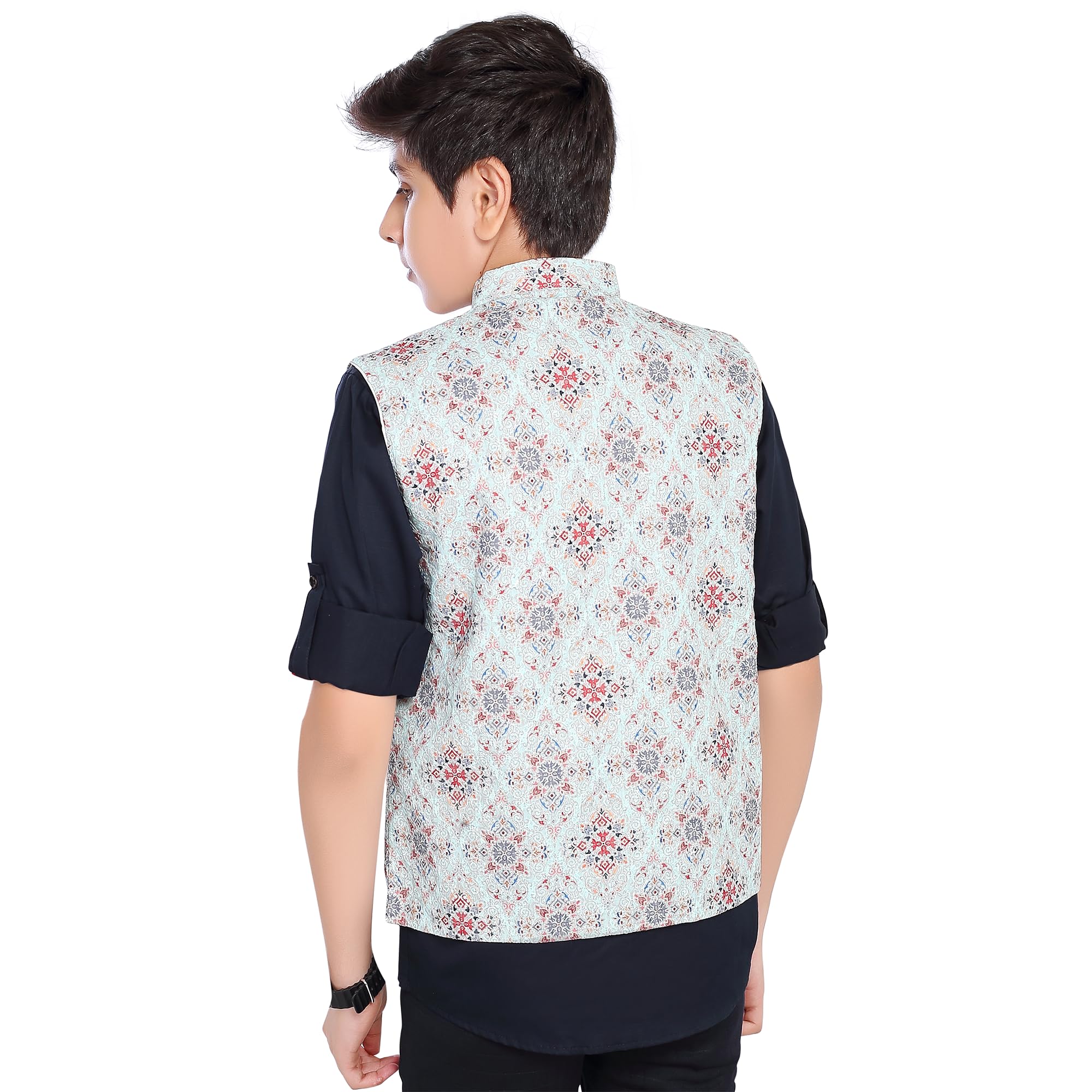 CHARCHIT Boys SeaGreen Printed Nehru Jacket and Shirt 3