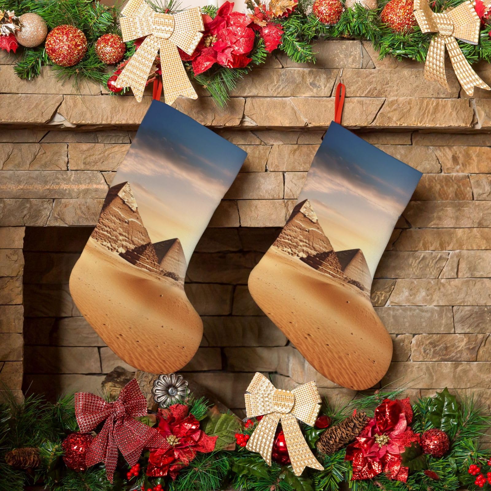 KLOPH Christmas Stockings 18" Personalized Xmas Stocking Egyptian Pyramid in Desert Decoration Stocking Hanging Fireplace Stocking for Holiday Xmas Tree Christmas Fireplace Decor
