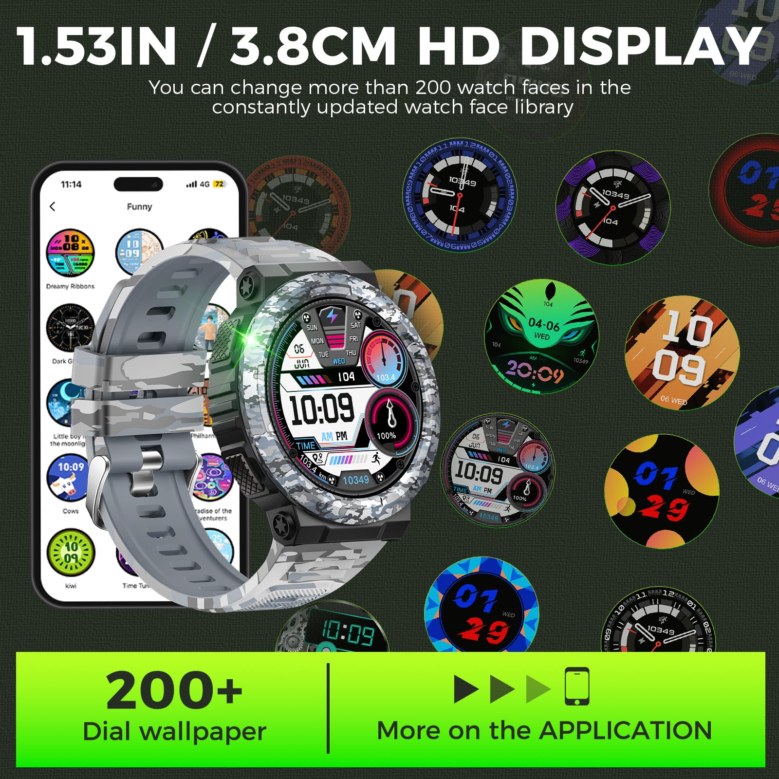 JELLOO Smart Watch militare da uomo (rispondere/effettuare chiamate), impermeabile 3ATM, torcia a LED, oltre 100 modalità sportive, smartwatch tattico con cardiofrequenzimetro SpO2, monitoraggio del