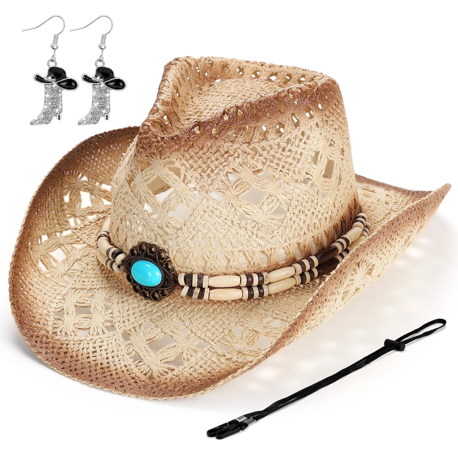 Geebuzz Straw Cowboy Hat for Women, Western Cowgirl Hats with Boot Earrings, Brim Summer Beach Hat (Beige-a)