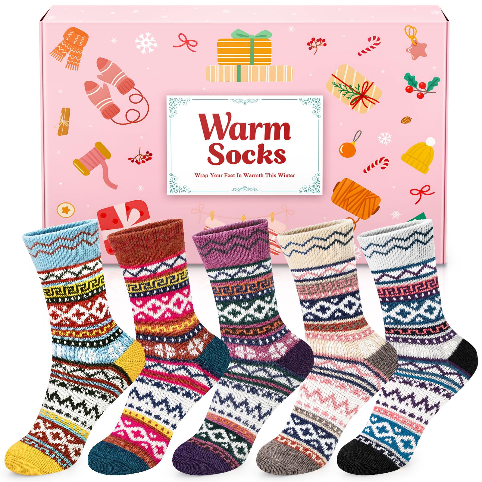 Thermal Winter Womens Socks, 5 Pairs Wool Warm Knitting Ladies Socks, Nordic Socks Cosy Fluffy Socks Vintage Style Soft Cotton Thick Bed Sock for Home Office School, Christmas Gifts for Women