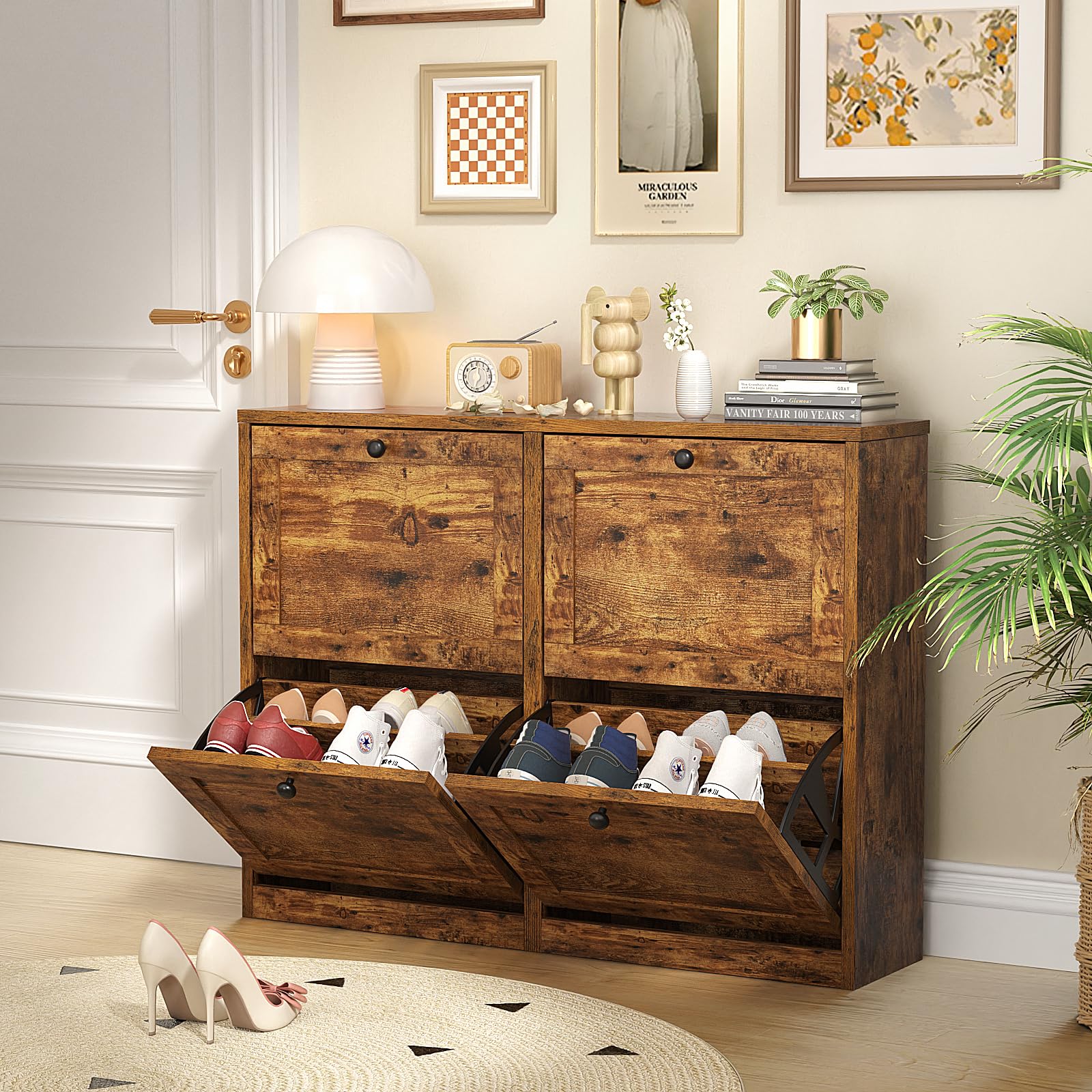 VOWNER Zapatero 4 Puertas, Zapatero Estrecho, Zapatero Entrada Recibidor, 105 x 24 x 80 cm (Largo x Ancho x Alto), Zapatero Madera, para Entrada Estrecha, Pasillo (Marrón Vintage)