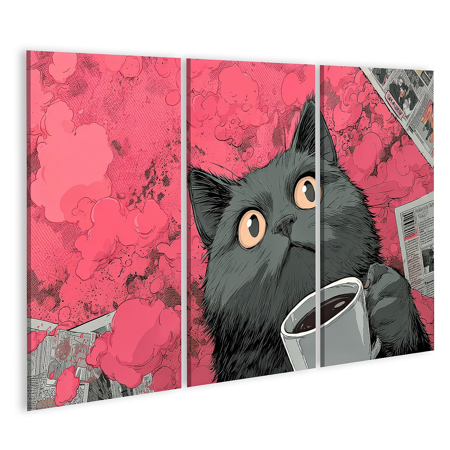 islandburner Impression sur toile style bande dessinée d'un chat avec café et effets colorés - 3 pièces