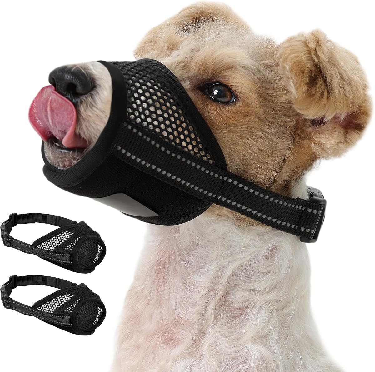 2-Pack Dog Muzzle, Soft Air Mesh Muzzle Anti Biting Barking Chewing | Secure & Breathable Drinkable Pets Muzzles with Adjustable Strap, Dog Mouth Guard for Small Medium Large Dogs (Black-S)