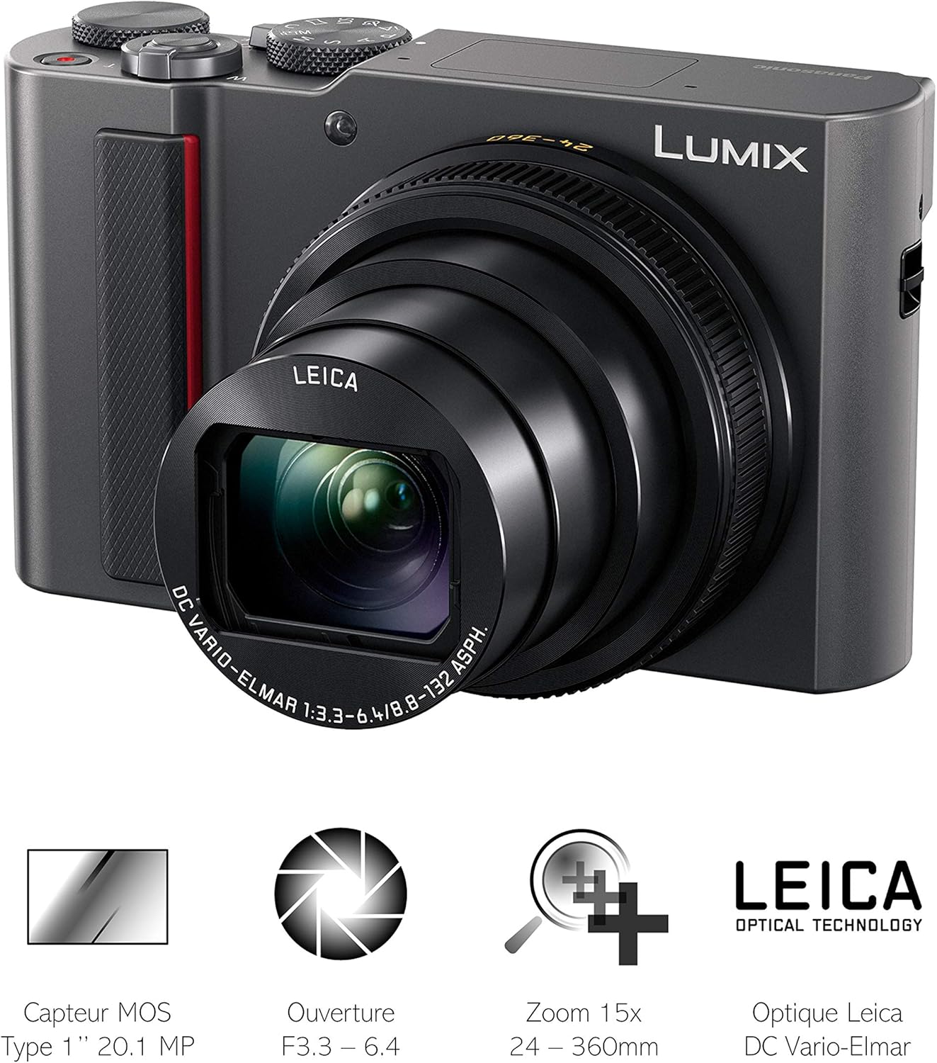 Panasonic Lumix TZ200 - Fotocamera compatta Expert (sensore grande tipo 1 pollice 20 MP, zoom LEICA 15x F3.3-6.4, mirino, schermo touch, video 4K, stabilizzazione) Silver - Versione francese