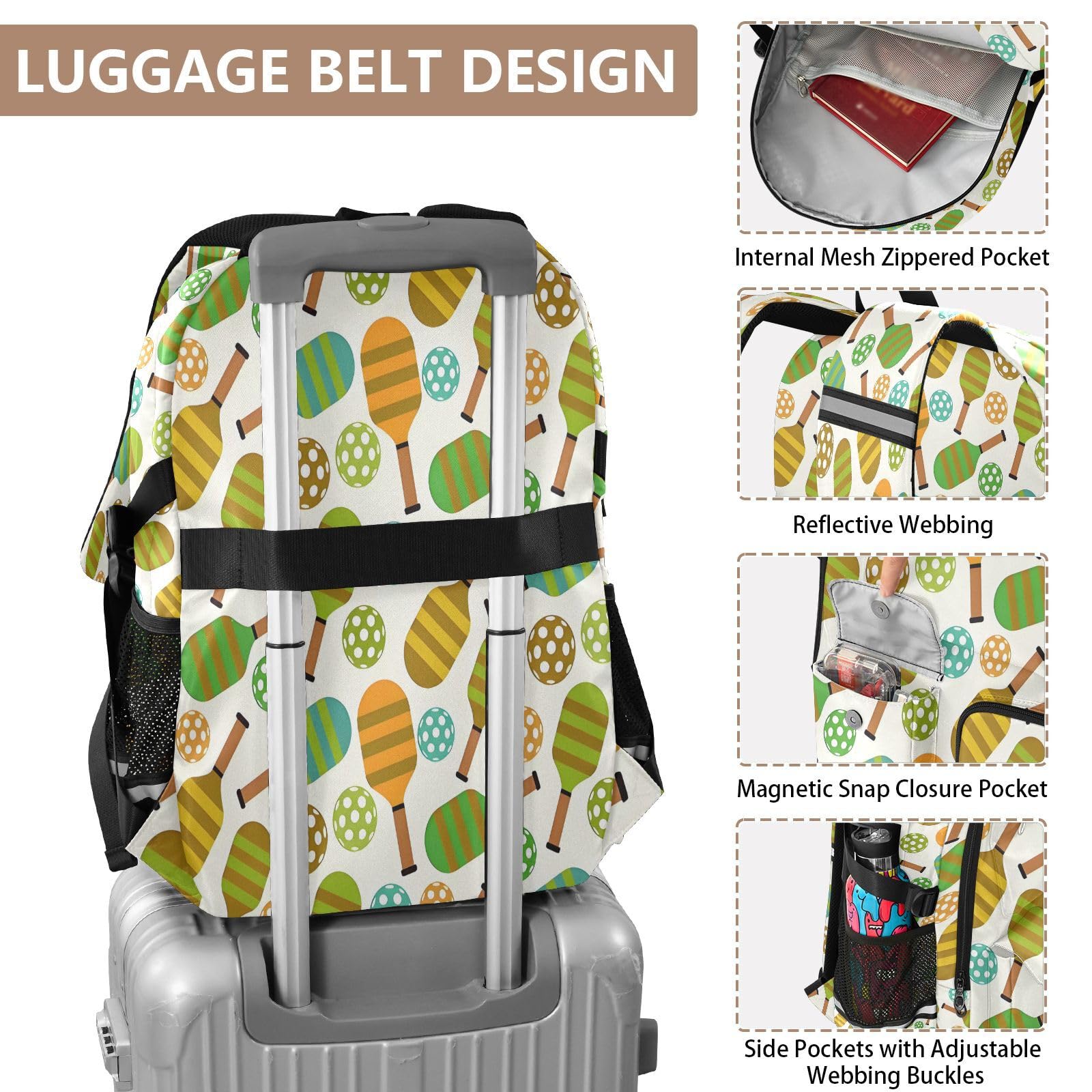Farbenfroher strukturierter Pickleball-Rucksack mit mehreren Taschen für Schule, Reisen, Outdoor, Uni, 44,5 cm (17,5 Zoll) Laptop-Rucksack für Damen und Herren