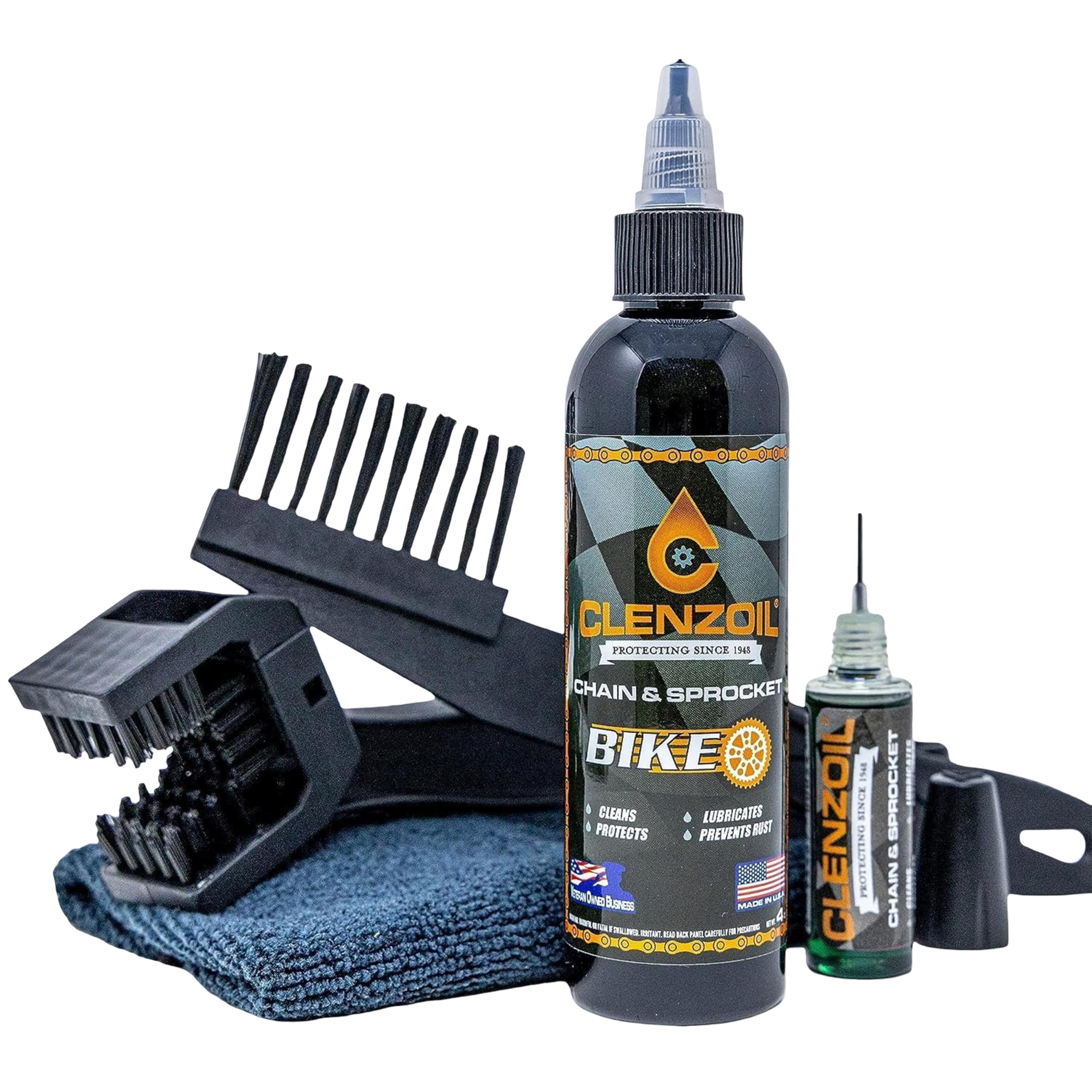 Chain & Sprocket Cleaning Kit - Chain Cleaner Lubricant Protectant (CLP) - Wet Lube Application, Dry Lube Performance - 4 oz Bottle, 0.5 oz Needle, Microfiber Towel & Chain Brush