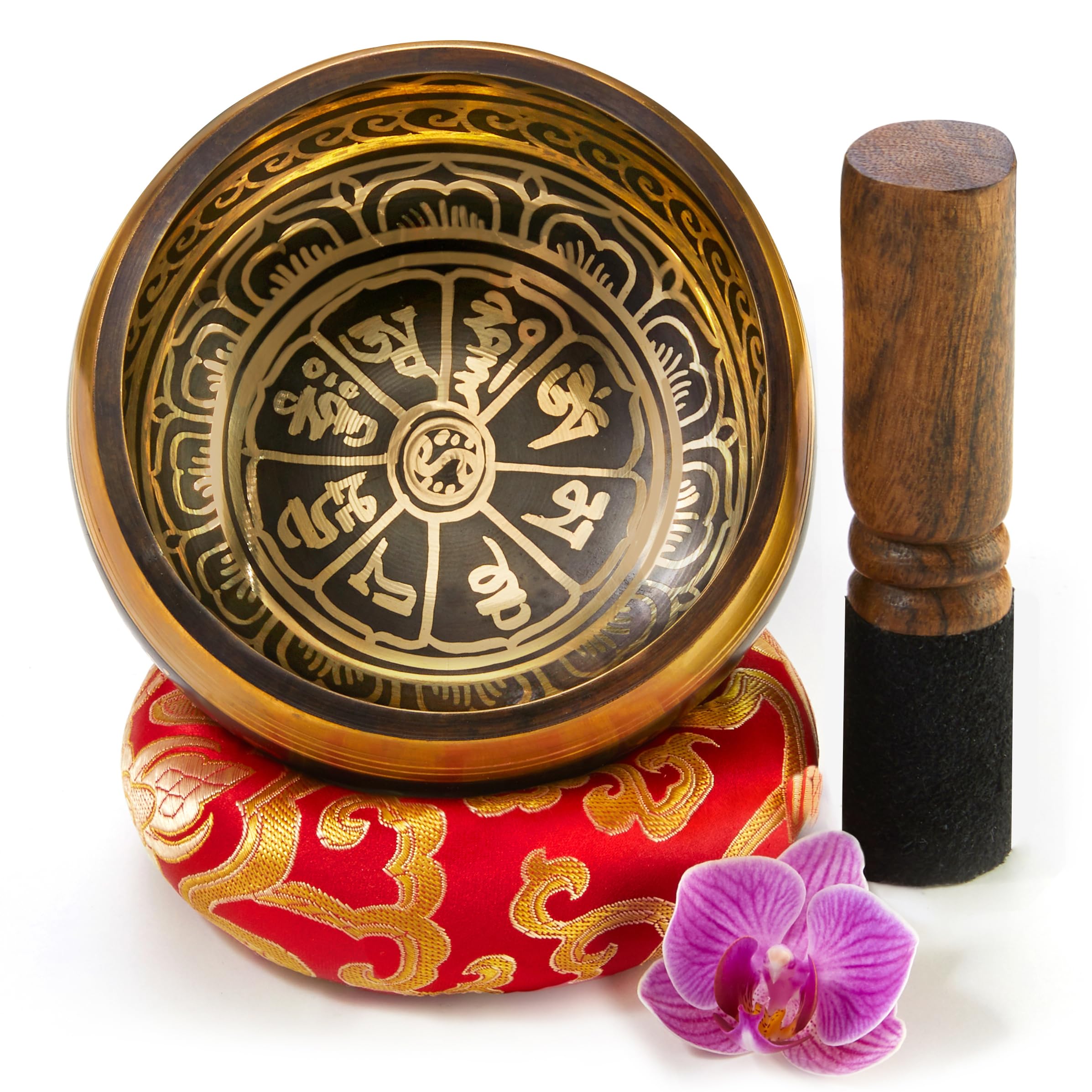 Tibetische Klangschale Set, mit Klöppel und Klangschalenkissen in Loktapapier Geschenk-Box. Singing Bowl aus Tibet (Mystic Black)