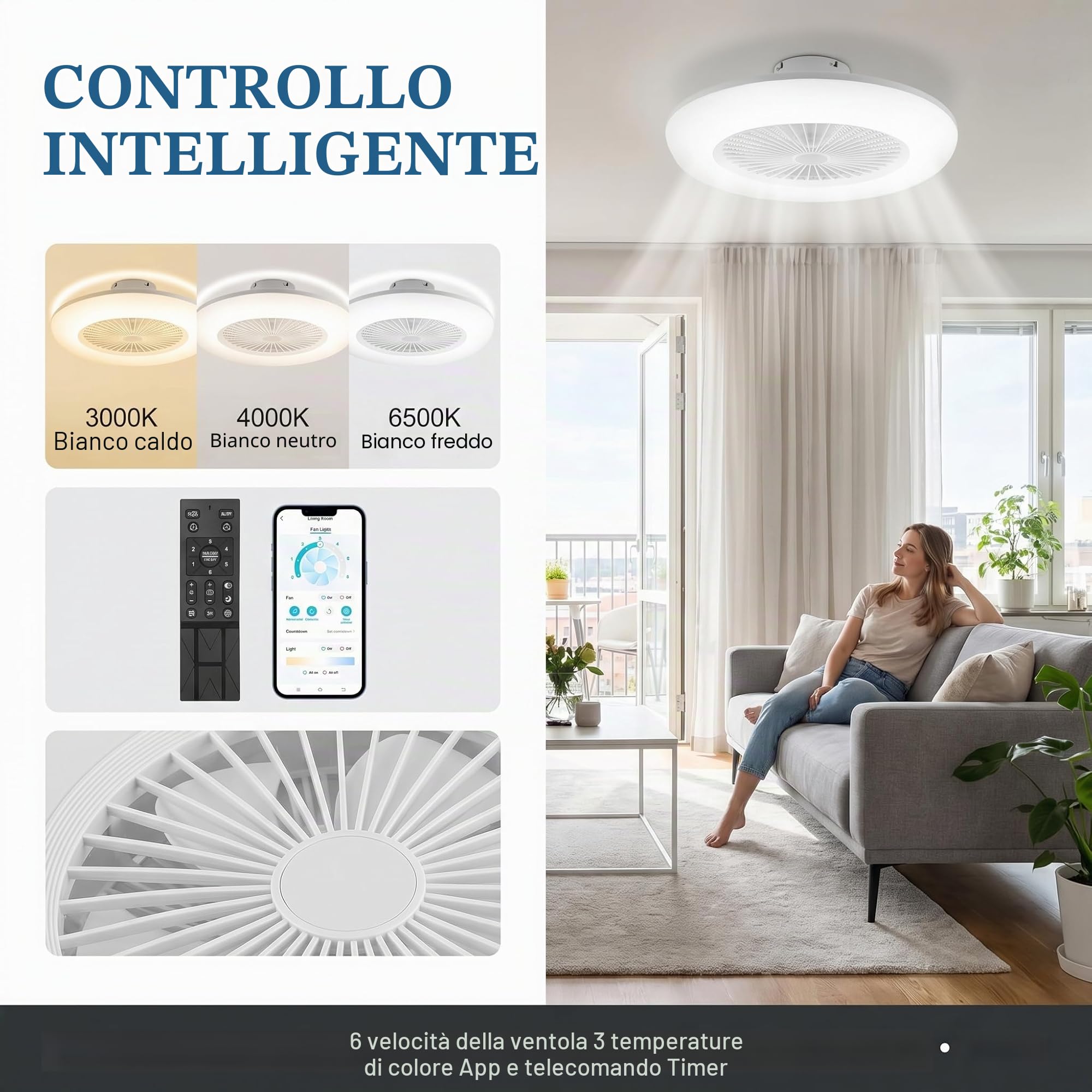 Fiqops Ventilatore da soffitto con illuminazione e telecomando 80 W, Wi-Fi Ø 55 cm, 6 velocità, dimmerabile, timer, funzionamento estivo invernale per camera da letto, soggiorno
