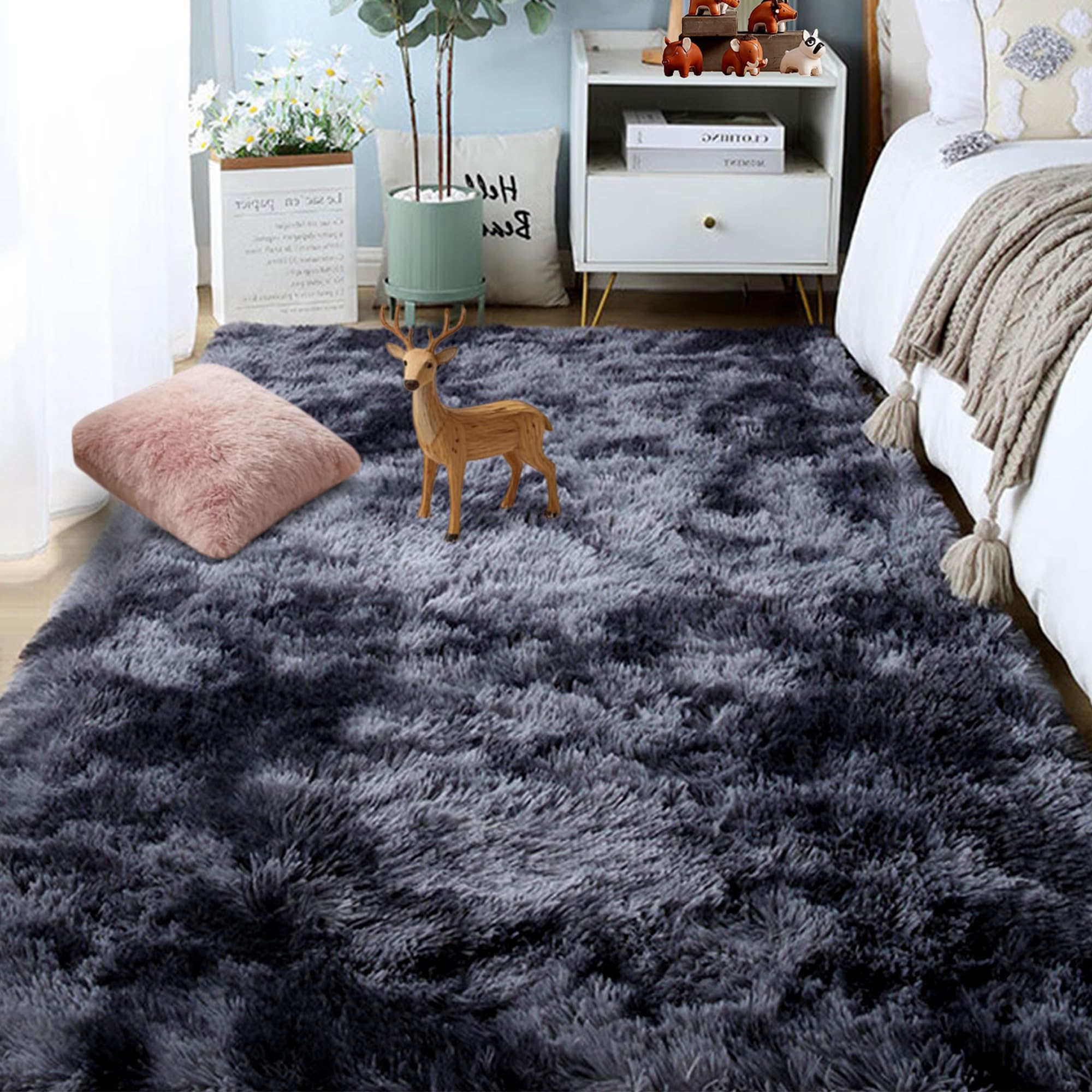 Tapis salon shaggy gris foncé 120x150 cm à poil long pour chambre