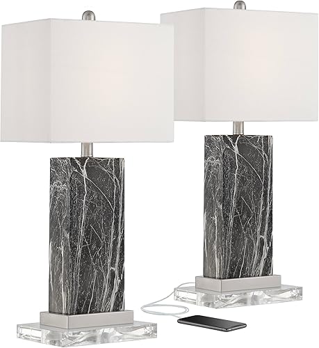 Miniatura 1 de 360 Lighting Connie - Juego de 2 lámparas de mesa modernas con elevadores acrílicos de 25 pulgadas de alto, mármol sintético negro, pantalla