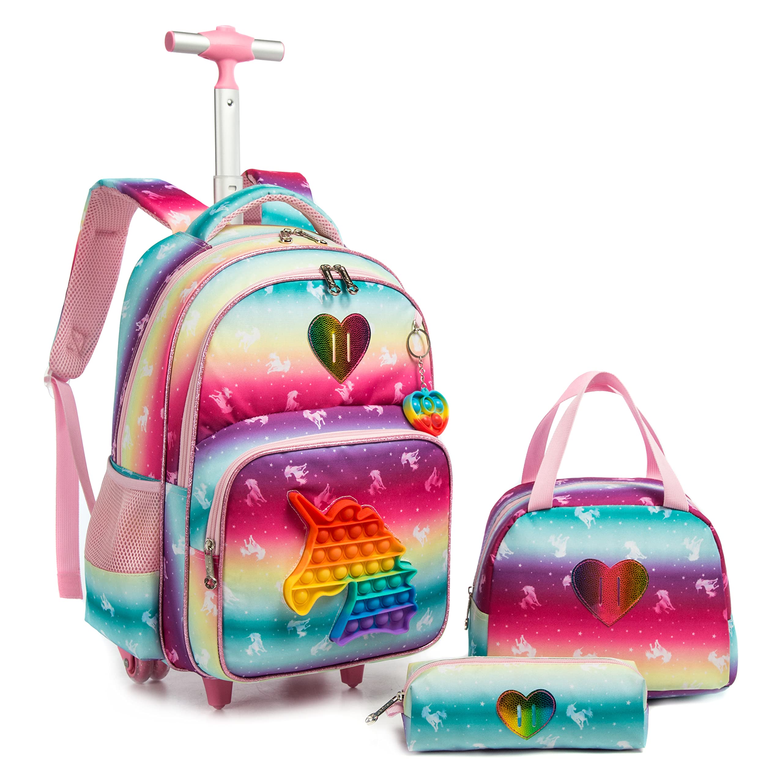 Meetbelify Unicorn Rolling Backpack for Girls Wheels Backpacks for Elementary Student Wheeled Trolley Trip Kids Luggage for Teen Girls with Lunch Box