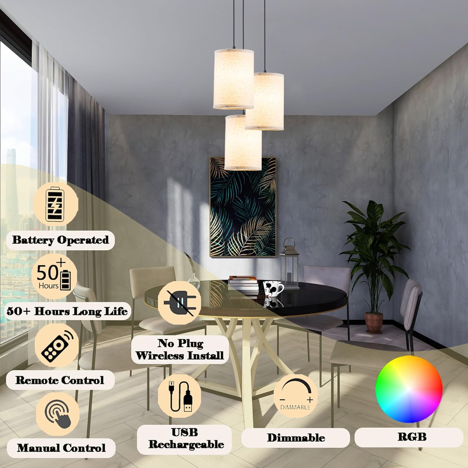 Battery Operated Pendant Light with Remote,Fabric Pendant Lights Kitchen Island 3 Pack No Hardwired,Cordless Hanging Lights for Living Room with 50hrs+Long Life Rechargeable Light Bulbs