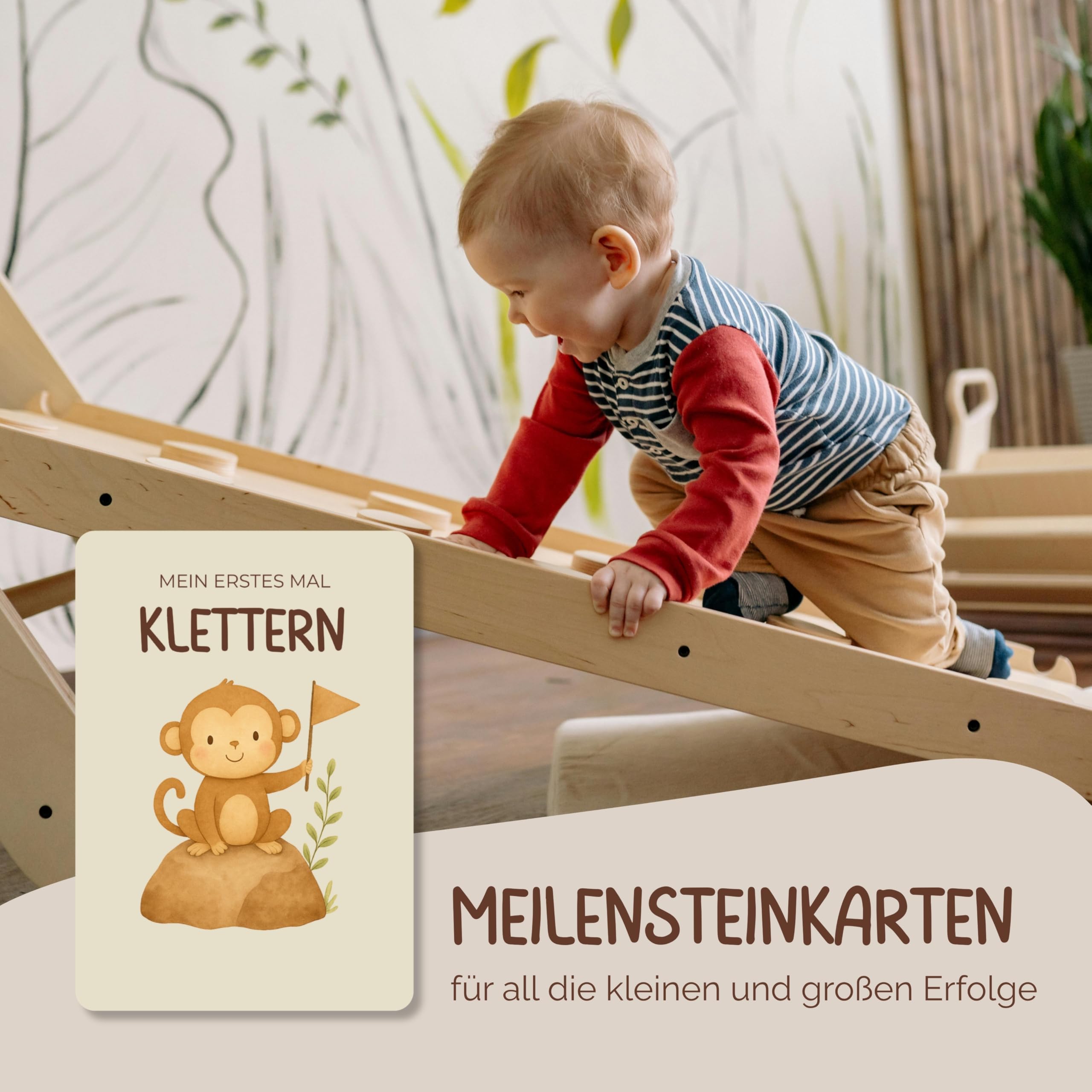 Meilensteinkarten Baby [Boho] 60 Monatskarten mit beschreibbaren Rückseiten – inkl. Geschenkbox und Holzaufsteller – Geschenk zur Schwangerschaft, Babyshower und Geburt