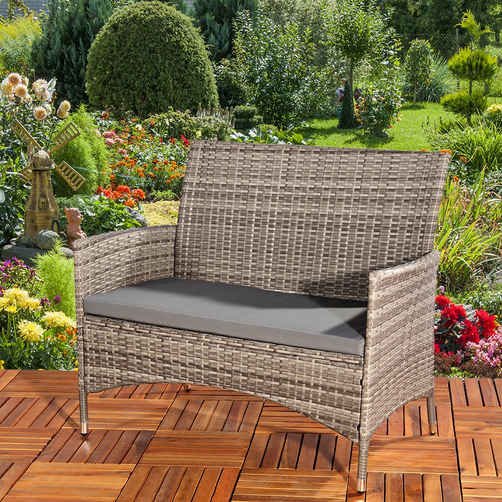 Melko Panchina da Giardino in Polyrattan con Cuscino, Colore Grigio, Dimensioni 108 x 51 x 89 cm, Struttura in Metallo