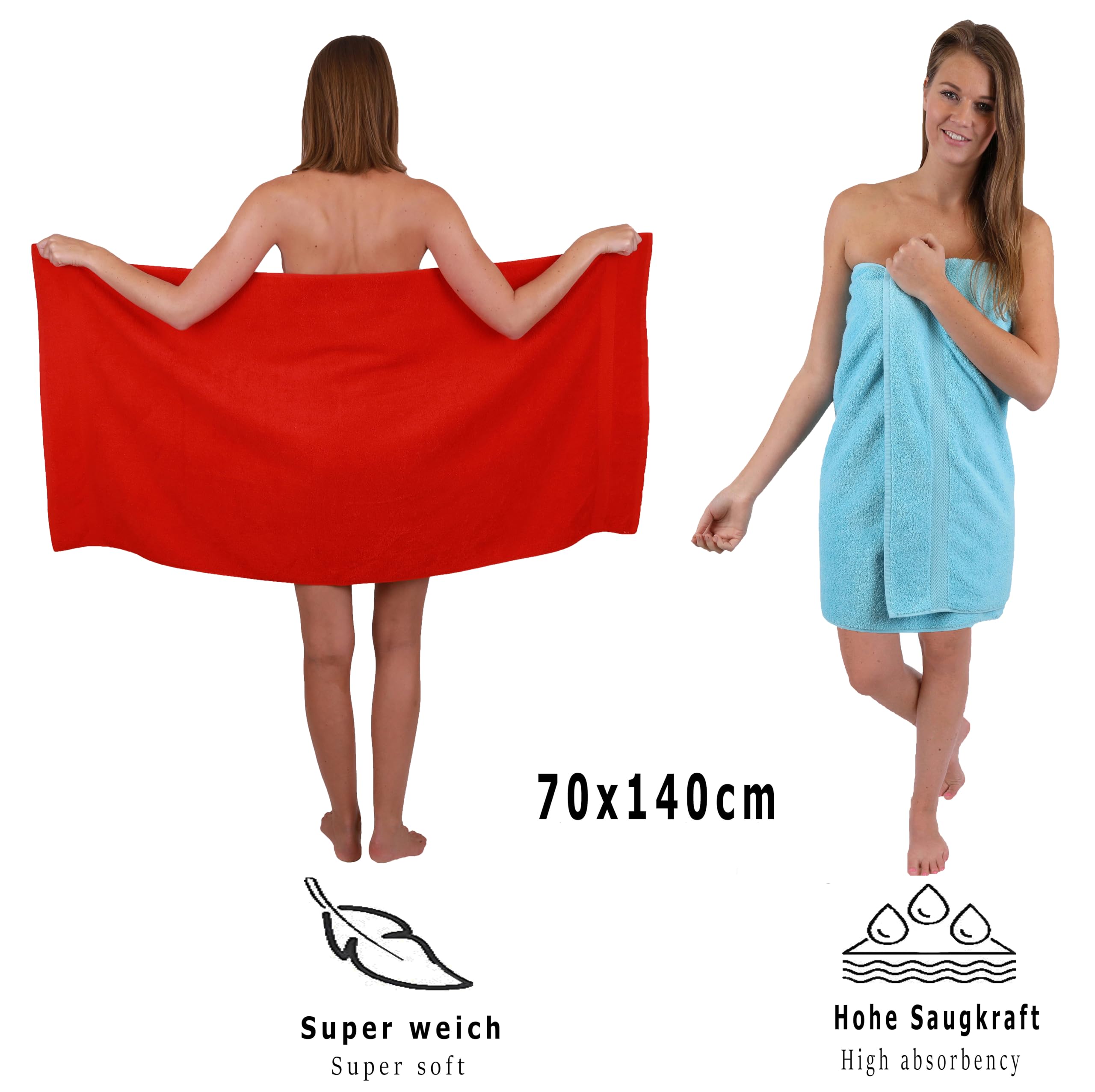 Betz Juego de 10 Toallas Classic 100% algodón 2 Toallas de baño 4 Toallas de Lavabo 2 Toallas de tocador 2 Toallas faciales Rojo y Turquesa