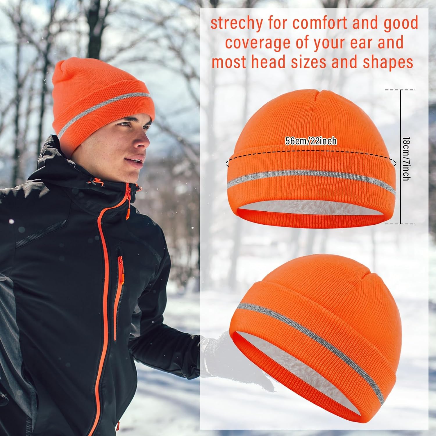 Geyoga 12 Pcs Reflective Knit Hat Winter Safety Beanies Fleece Lined Hi Vis Hat Warm Knitted Cap for Adult Work Running - Image 2