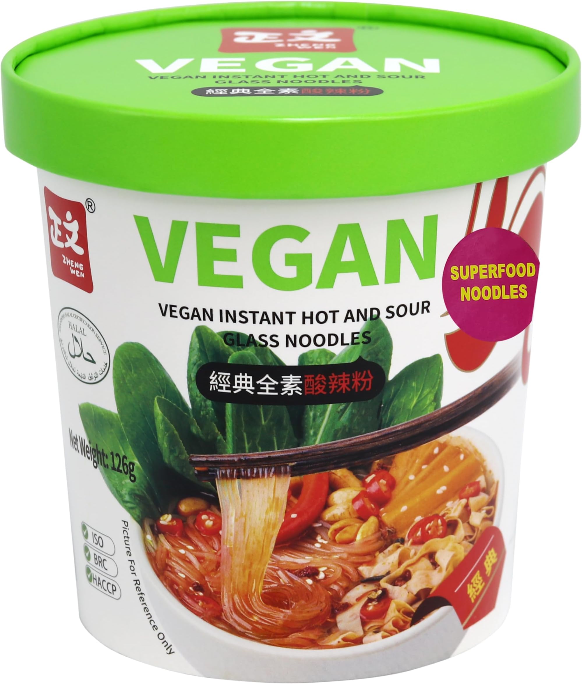 ZHENGWEN Vegan instant Hot & Sour Glass Noodles 126g| Instant Sweet Potato | Super Food | Healthy | 6 seasonings inside|
