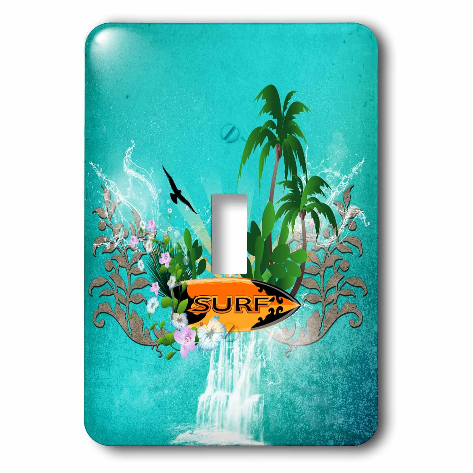 Interrupteur à bascule multicolore avec plaque motif planche de surf et fleurs